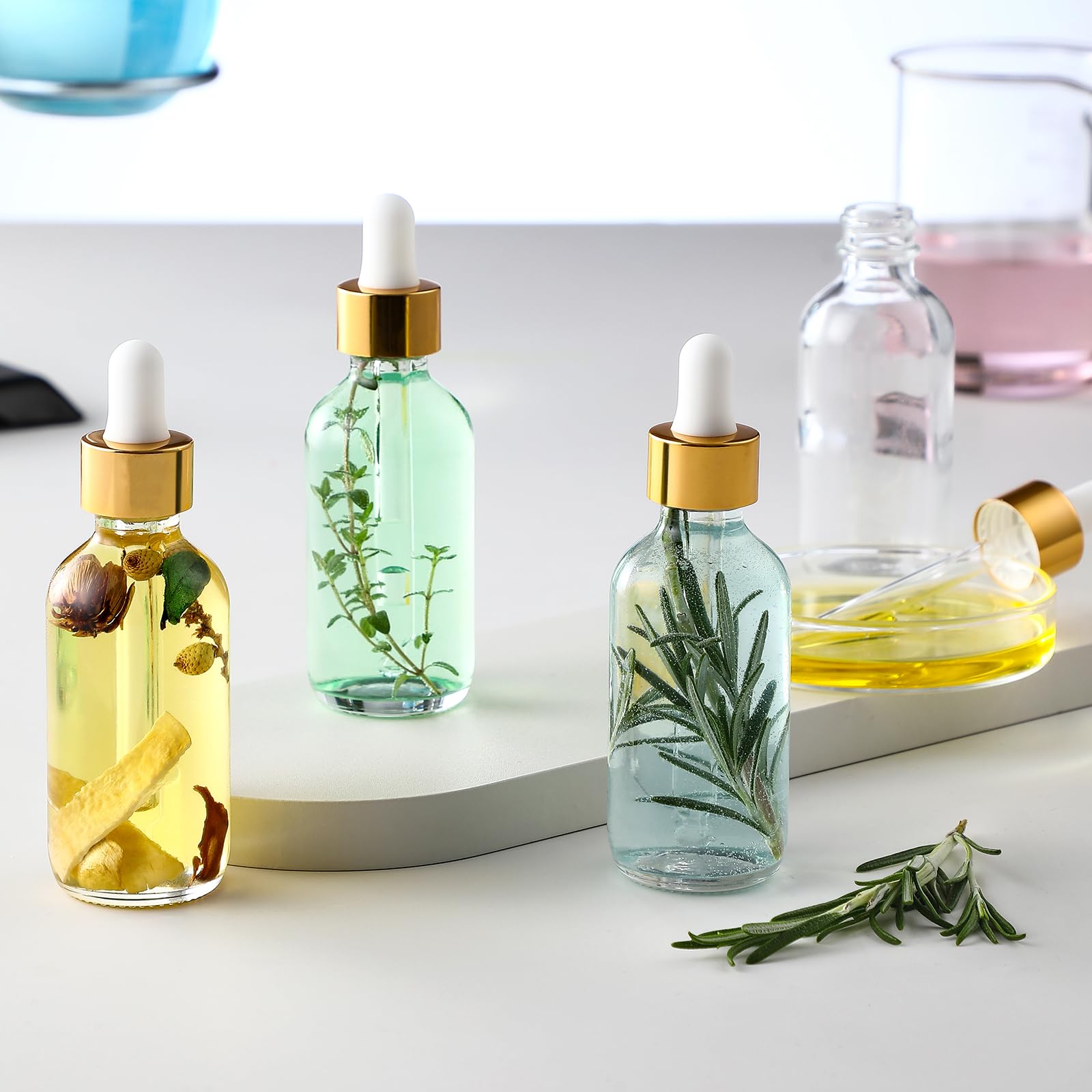 AOZITA 4 Pcs, 1 oz Golden Cap Clear Dropper Bottles (30ml) with 1 Funnel & 4 Labels - Glass Tincture Bottles with Eye Droppers - Leakproof Essential Oil Bottles for Health, Personal Care & Beauty