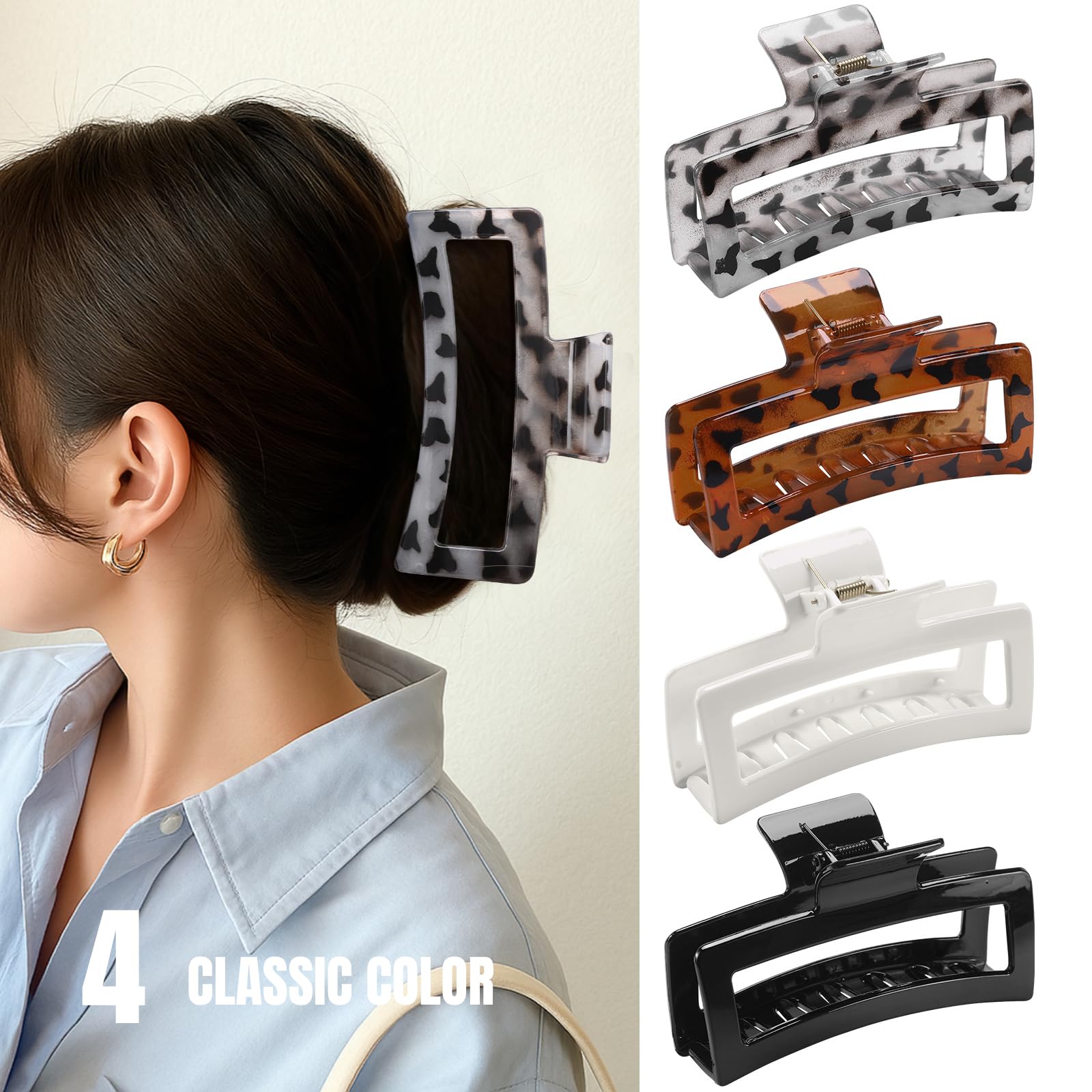 5 Inche Extra Large Claw Clips for Thick Hair, 4 Pack Xl Leopard and Glossy Claw Clips, Jumbo Non-Slip Rectangle Hair Clips for Women, Strong Hold Jaw Clips for Long Hair