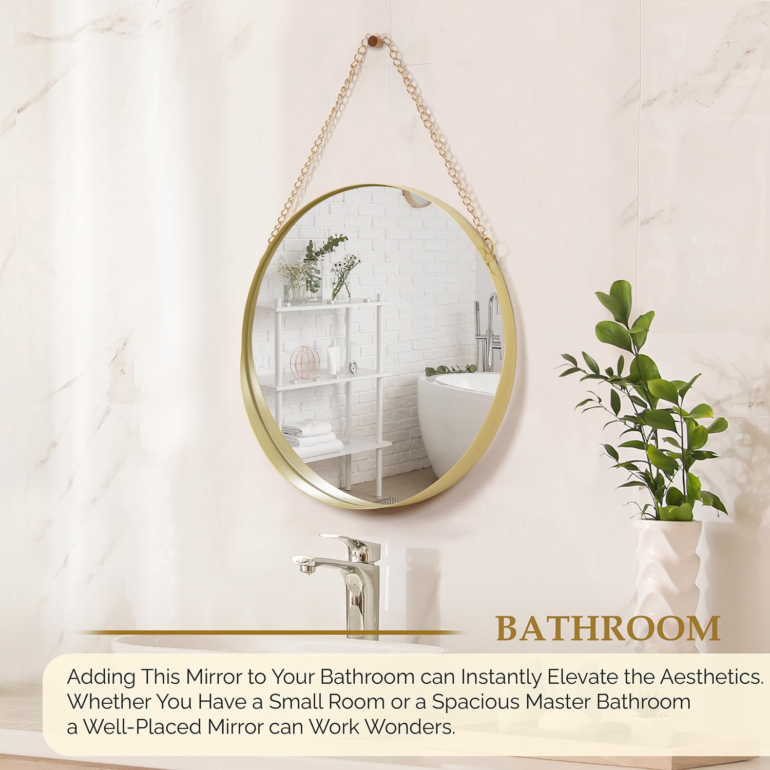 ABOUT SPACE 12 Inch Wall Hanging Mirror with Chain-Gold Round Wall Mirror for Living Room, Bedroom, Bathroom,Entryway Aesthetic Room Decor Circle Mirror with Metal Frame (Golden - W 30 x H 45 cm)