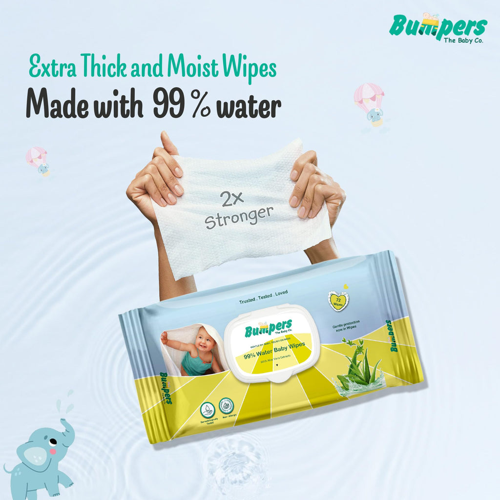 "Bumpers Moisturising 99% Water Baby Wipes with Lid, Aloe Vera & Vitamin E | Extra Thick & Moist | Alcohol & Paraben free | pH balanced & Hypoallergenic | 72 Counts/Pack (Set of 6) (432 Wipes)