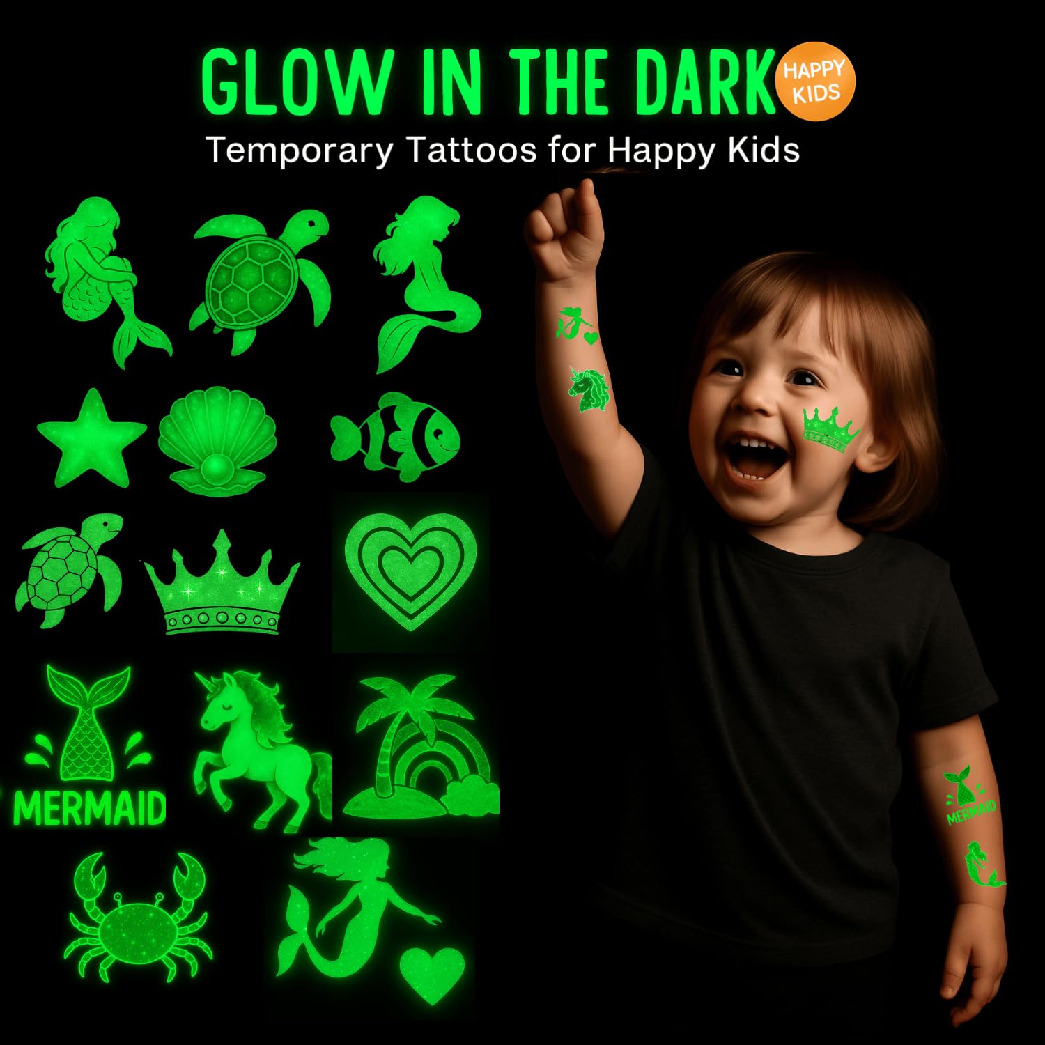 100PCS Glow in The Dark Mermaid Temporary Tattoos – Cute Ocean Sea Creatures Tattoo Stickers for Girls Birthday Party Favors, Waterproof Non-Toxic Kids Tattoos, Luminous Undersea Tattoos