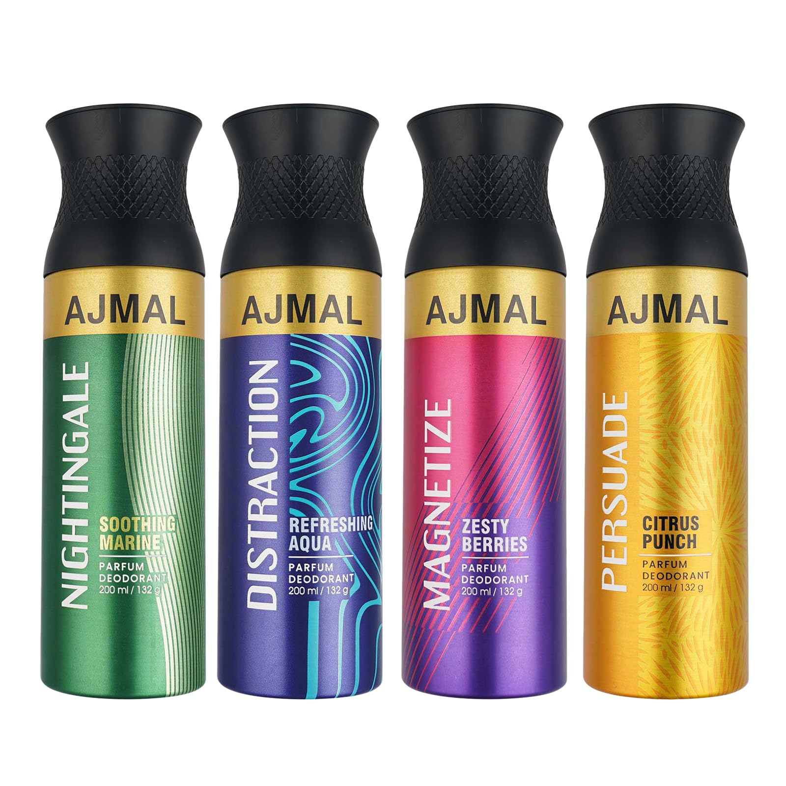 AJMAL Nightingale & Distraction & Magnetize & Persuade Deodorant Spray Combo Pack Of 4 Deodorant 200Ml Each (Total 800Ml) For Men & Women (Nigth_Dist_Magn_Pers_Deo)