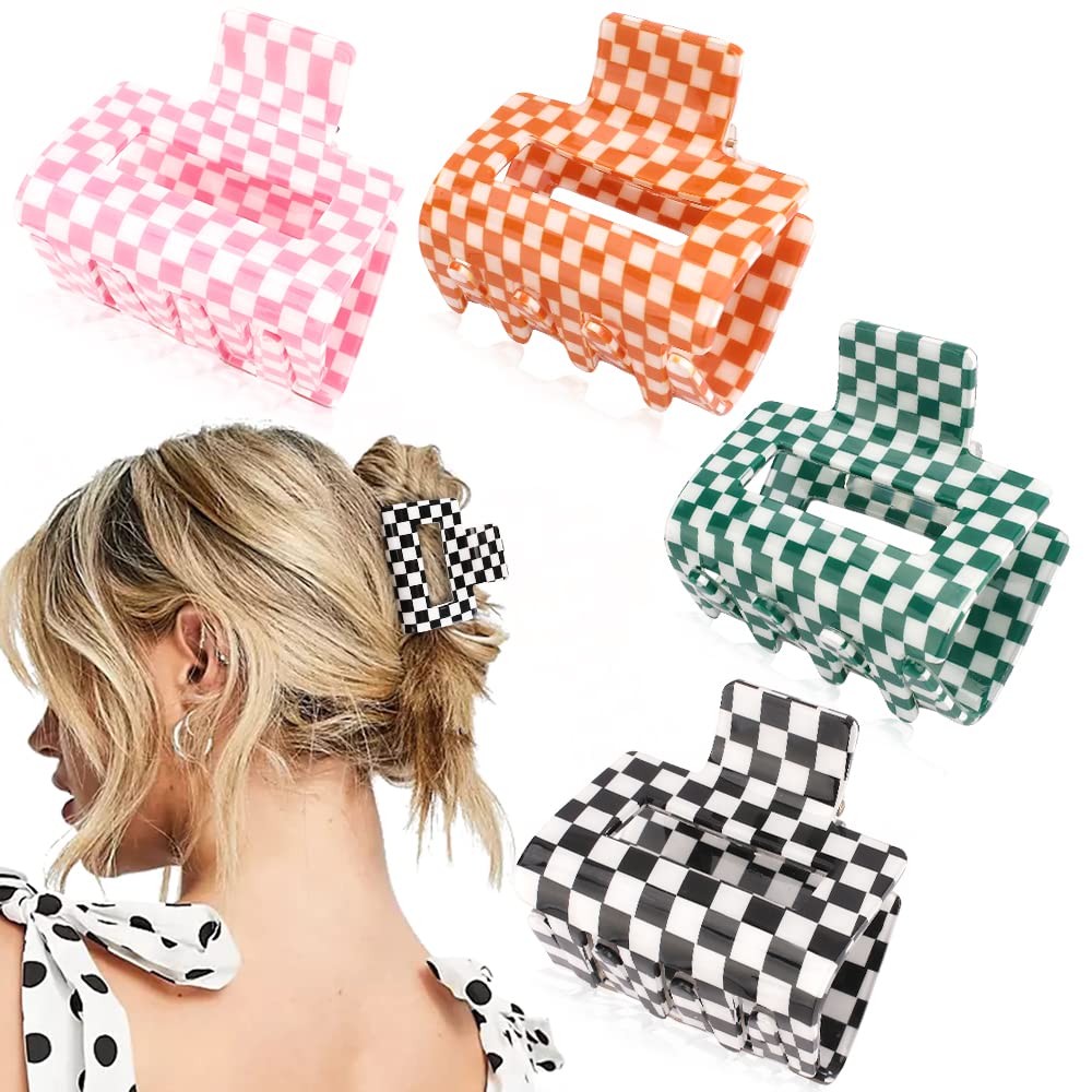 Ahoney 4 Pack Checkered Hair Claw Clips for Thin Hair Y2k Hair Accessories 2" Small Hair Clips for Thick Hair Cute Hair Clips for Women Girls