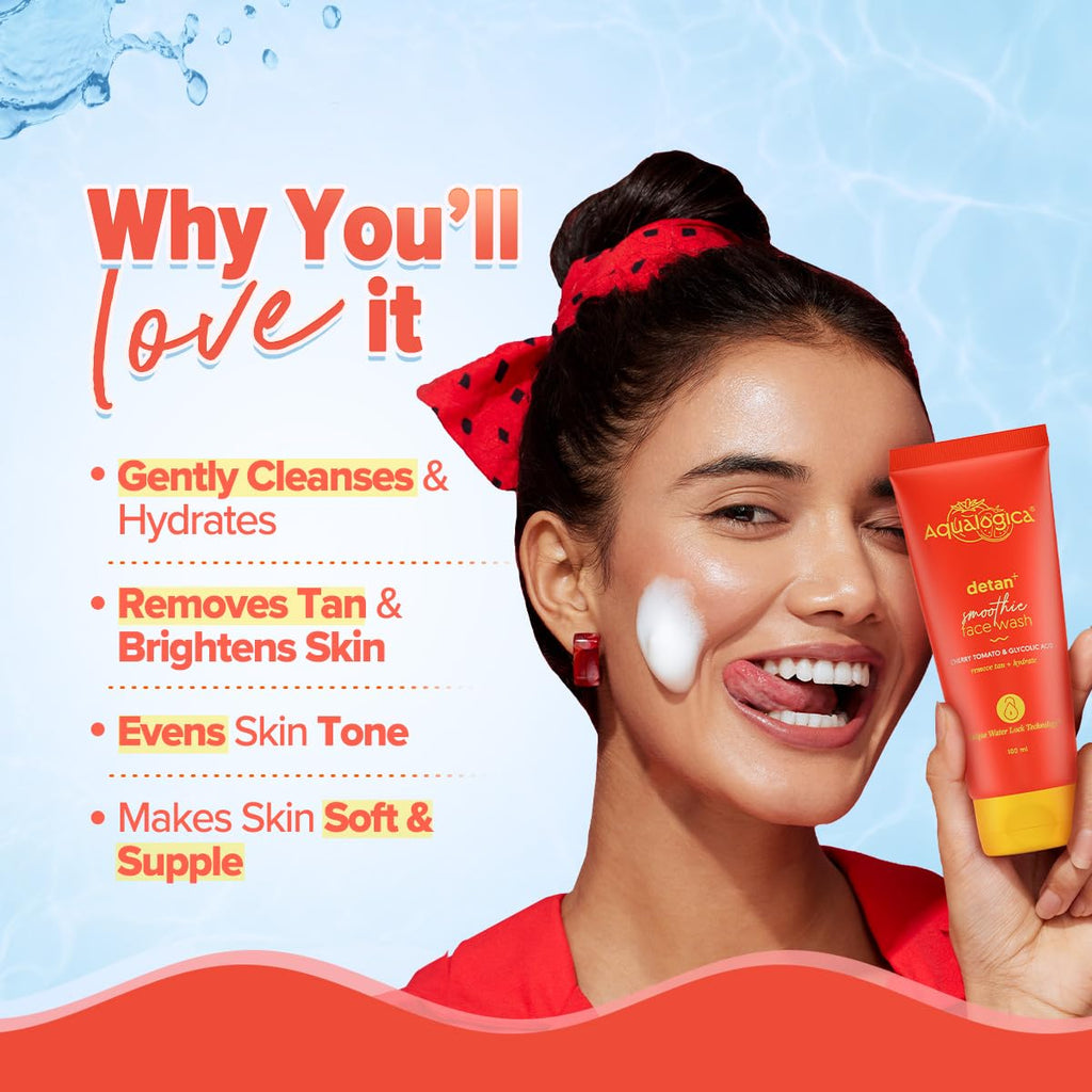 Aqualogica Detan+ Smoothie Face Wash with Glycolic Acid & Cherry Tomato for Men & Women for Tan removal, Hydrates & Gentle Exfoliates -Oily, Dry, Sensitive & Combination Skin -100ml (Pack of 1)