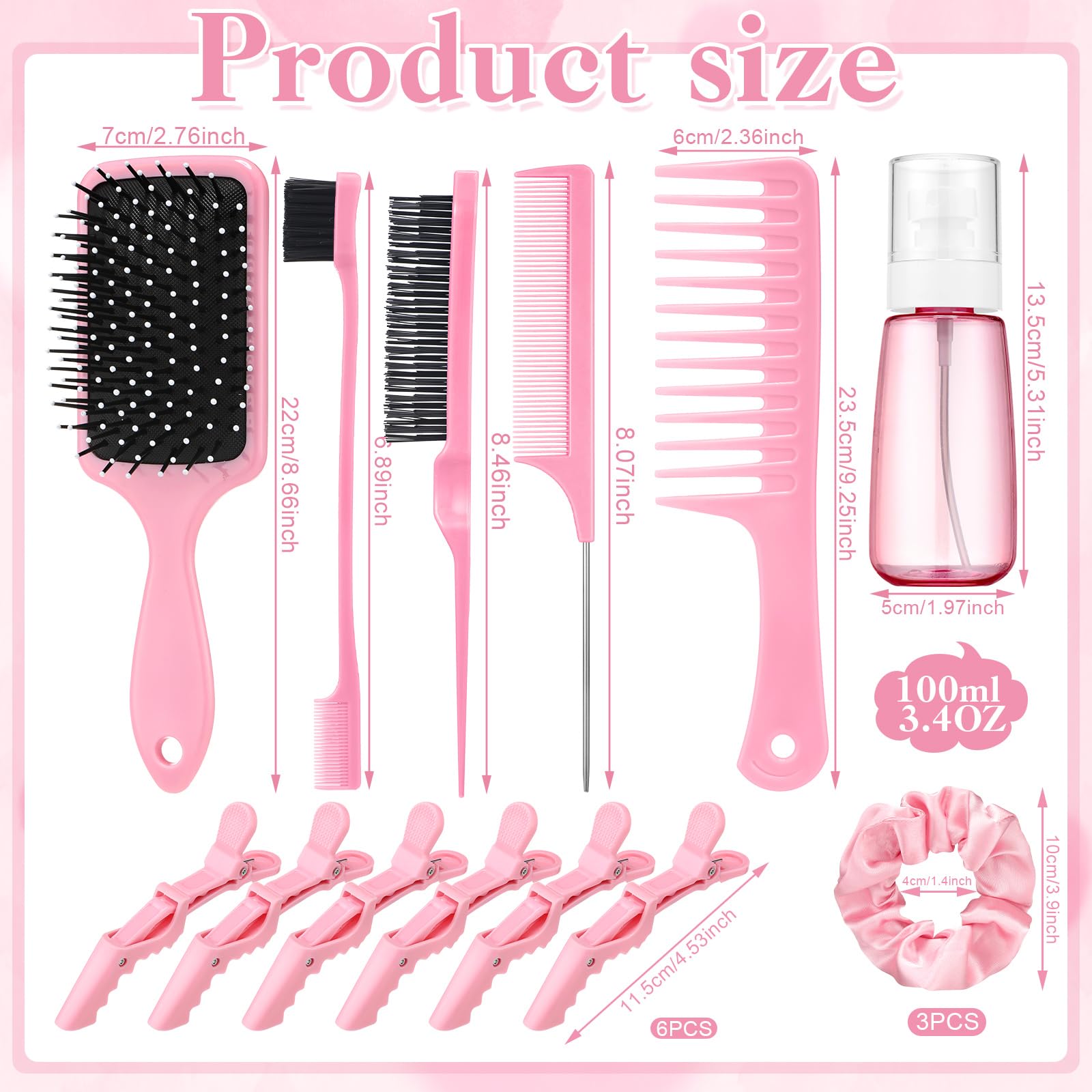 15 Pcs Slick Back Hair Brush Set, Bristle Hair Brush with Spray Bottle,Hair Clip,Edge Brush for Women, Men(Pink)