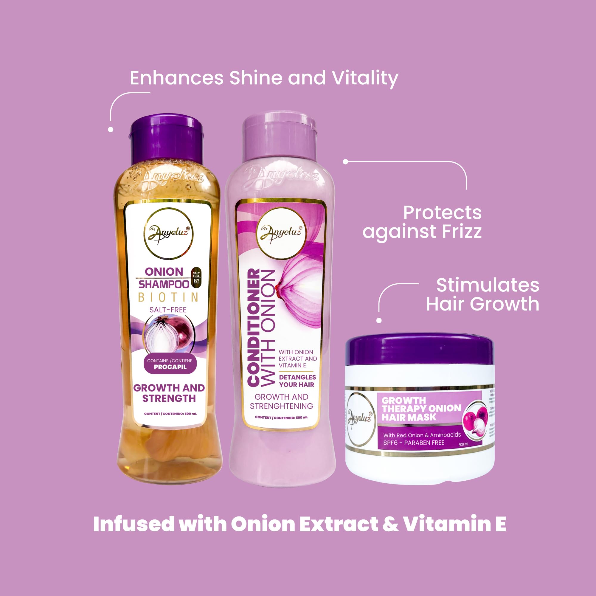ANYELUZ Onion Shampoo, Conditioner and Hair Mask set, with Onion Extract and Vitamin E, Cleanses and Reduces Oiliness, for all Hair Types