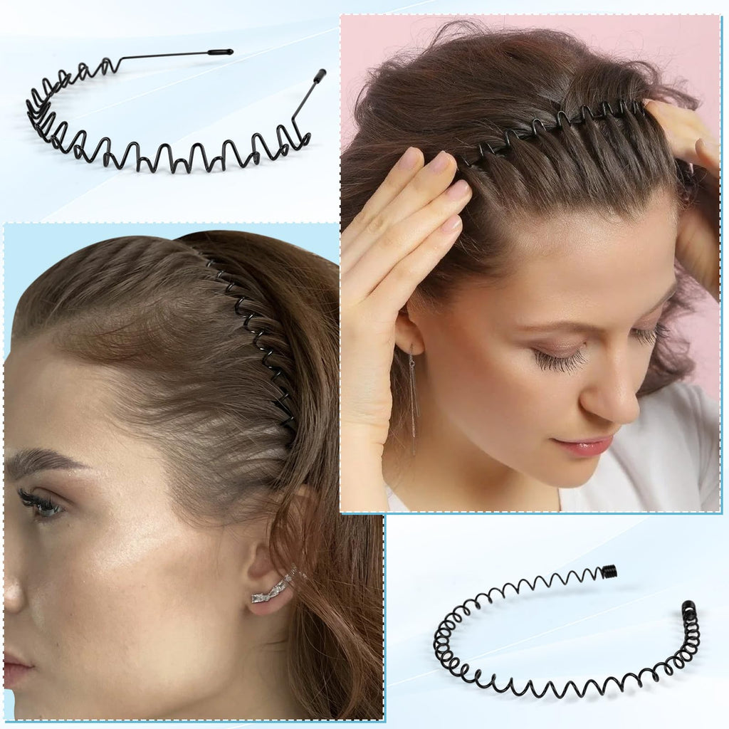 6PCS Metal Hair Bands, Spring Wavy Hair Hoop Unisex Black Wavy Headband Slicked Back Headband Non Slip Sports Hairband for Women Men