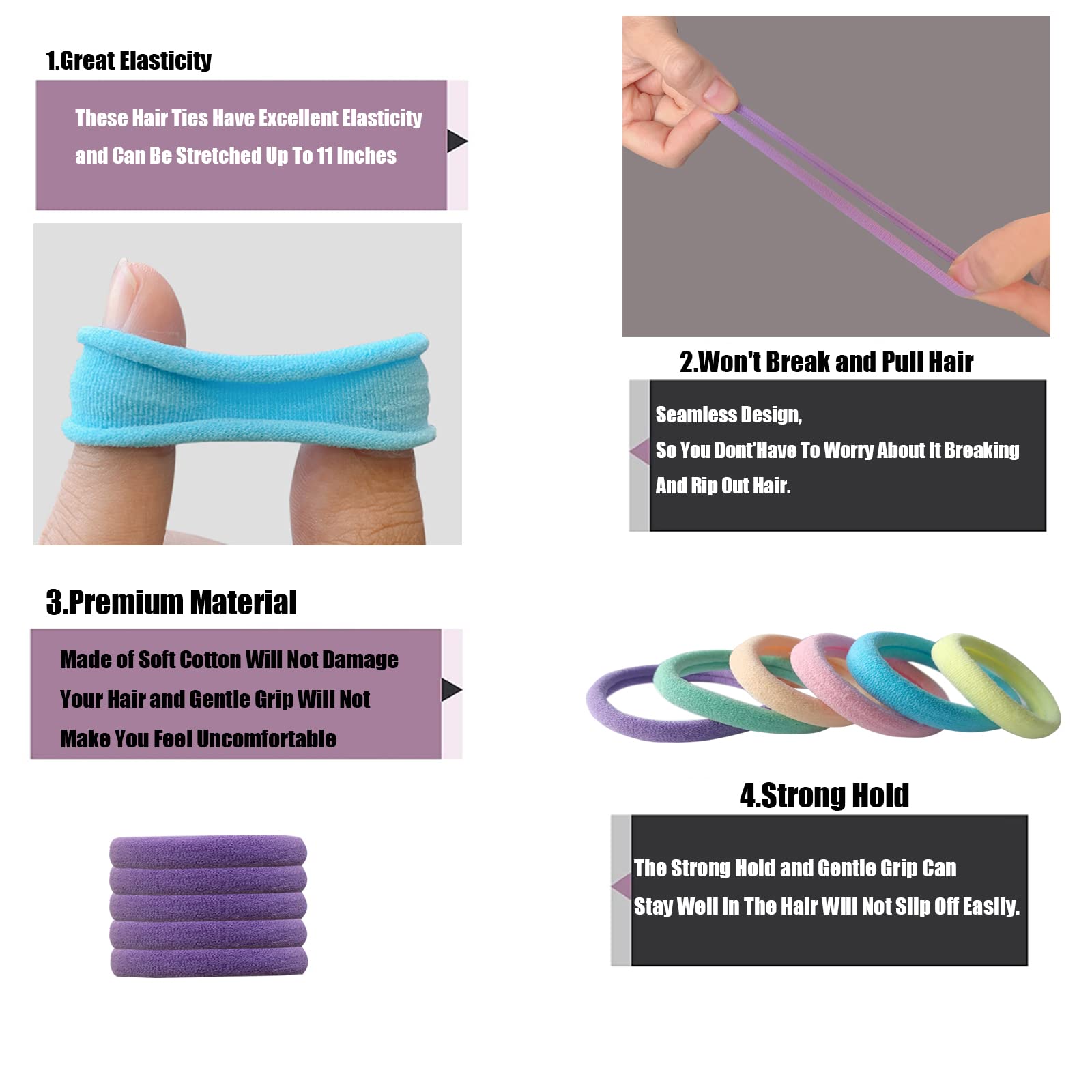 120PCS Large 6 Colors Hair Ties,Cotton Seamless Ponytail Holders,Women No Damage Elastic Hair Bands for Thick Hair,Girls Hair Accessories