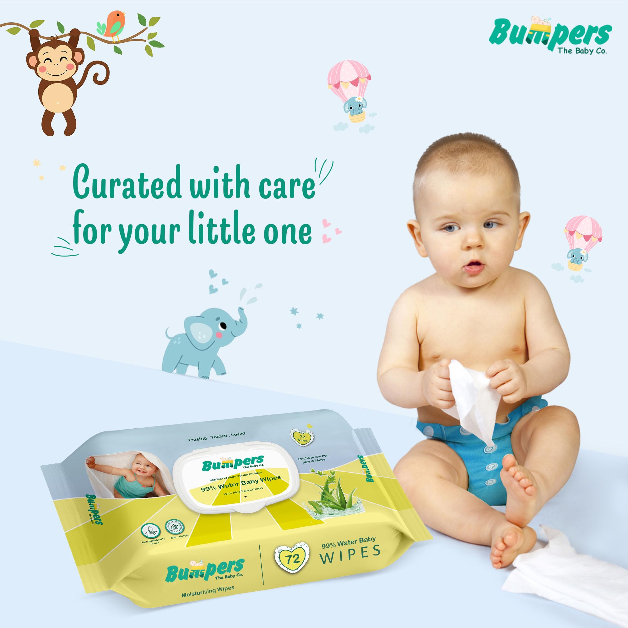 "Bumpers Moisturising 99% Water Baby Wipes with Lid, Aloe Vera & Vitamin E | Extra Thick & Moist | Alcohol & Paraben free | pH balanced & Hypoallergenic | 72 Counts/Pack (Set of 6) (432 Wipes)