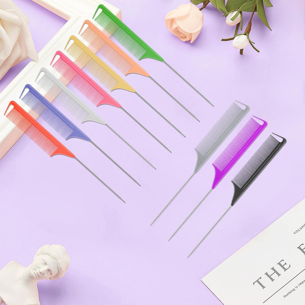 Ensemble de 10 peignes à queue de rat - Peigne à dents fines pour crêper les cheveux, idéal pour femmes et filles. Peigne à raie pour tresses et coiffures. Outils et accessoires de coiffure en acier inoxydable et fibre de carbone résistants à la chaleur.