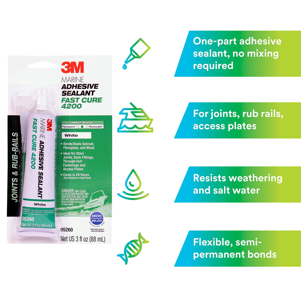 3M TALC Marine Adhesive Sealant Fast Cure 4200 (05260) – Semi-Permanent Flexible Adhesive Sealant for Boats and Marine Applications – White – 3 Ounces