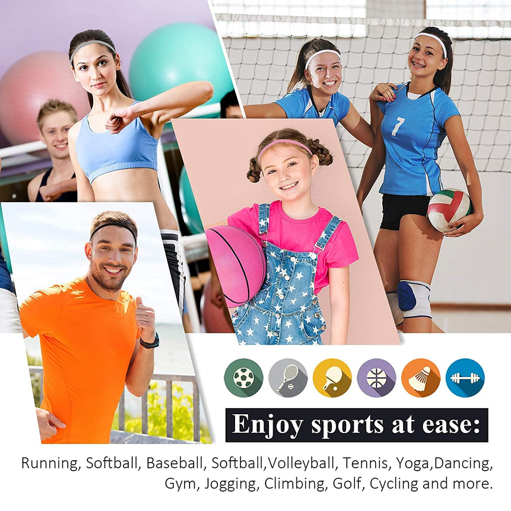 4 Pieces Wide Non-Slip Elastic Sports Headbands - Athletic Skinny Hair Headband for Women, Men, Boys, Girls - Silicone Grip Hairband Mini Stylish Sweat Band - Stays in Place & Great for Working Out