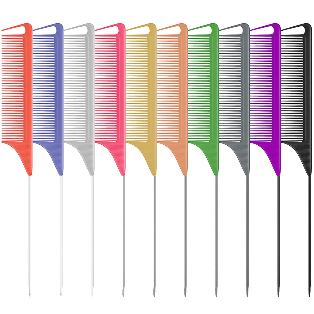 Ensemble de 10 peignes à queue de rat - Peigne à dents fines pour crêper les cheveux, idéal pour femmes et filles. Peigne à raie pour tresses et coiffures. Outils et accessoires de coiffure en acier inoxydable et fibre de carbone résistants à la chaleur.
