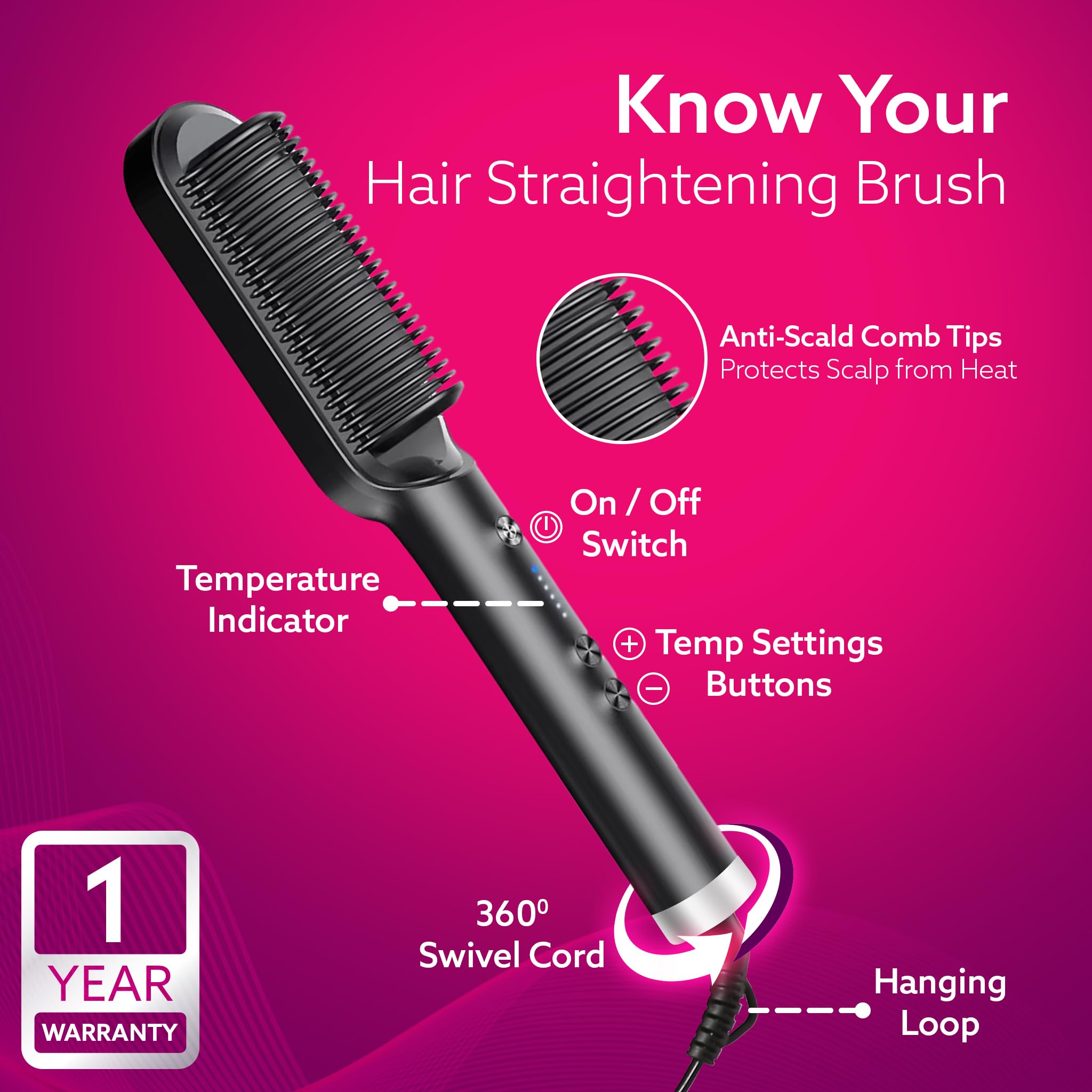 AGARO Hair Straightening Brush, Hair Straightening Comb For Women, Fast Heating, Ionic Care, 5 Heat Settings, Hair Straightener, Hot Brush, Gives Naturally Straight Hair in 5 Mins, Black, HSB2107