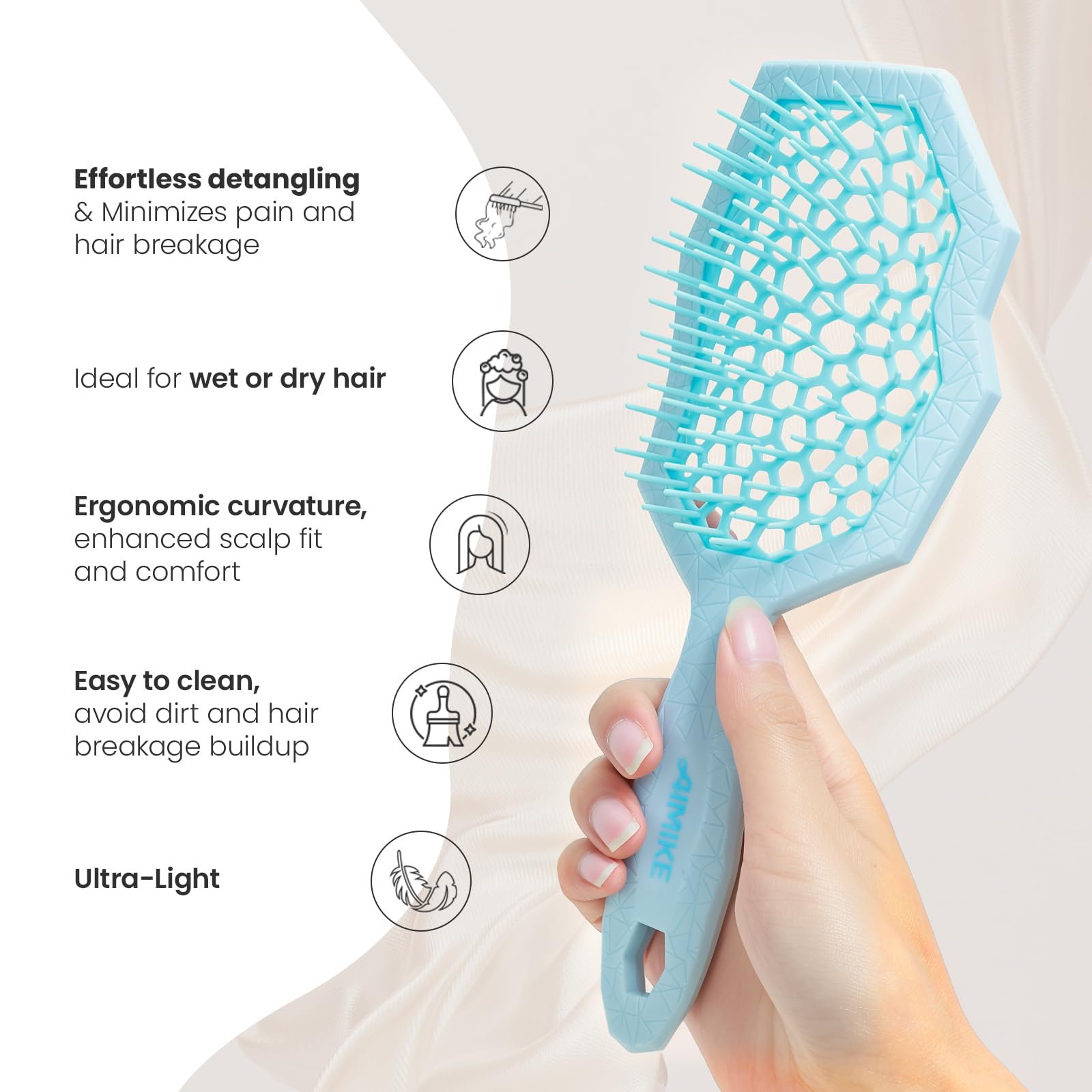 AIMIKE Glacier Detangling Brush, Pain-Free Detangler Brush for Curly Hair Wet & Dry Use, Glide Through Tangles with Ease, Vented Hairbrush for Women's 2c to 4c Curls, Blue