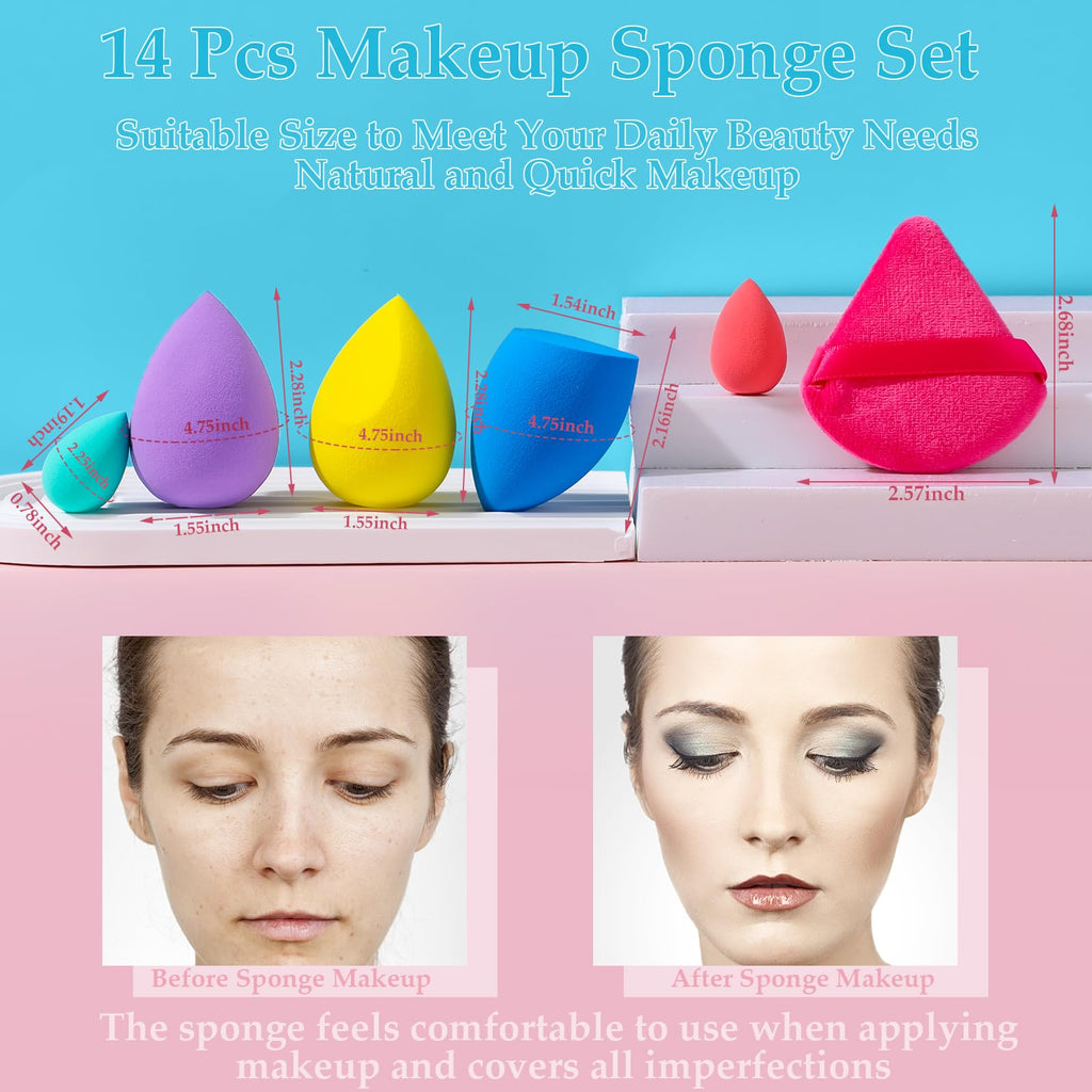 14 Pcs Makeup Sponge Beauty Sponges Blender with 4 Pcs Powder Puff and 4 Pcs Mini Make up Sponges for Liquid,Foundation,Powder,Concealer,Cream