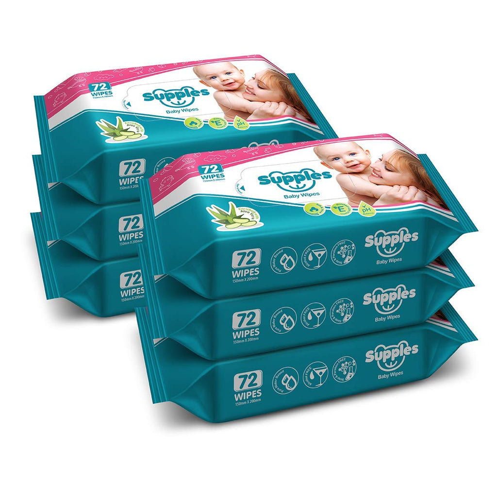 Amazon Brand - Supples Baby Wet Wipes | 432 Wipes | 72 Wipes x 6 Packs | Enriched With Aloe Vera and Vitamin E | Alcohol-Free and Paraben-Free | Pure Water-Based formulation