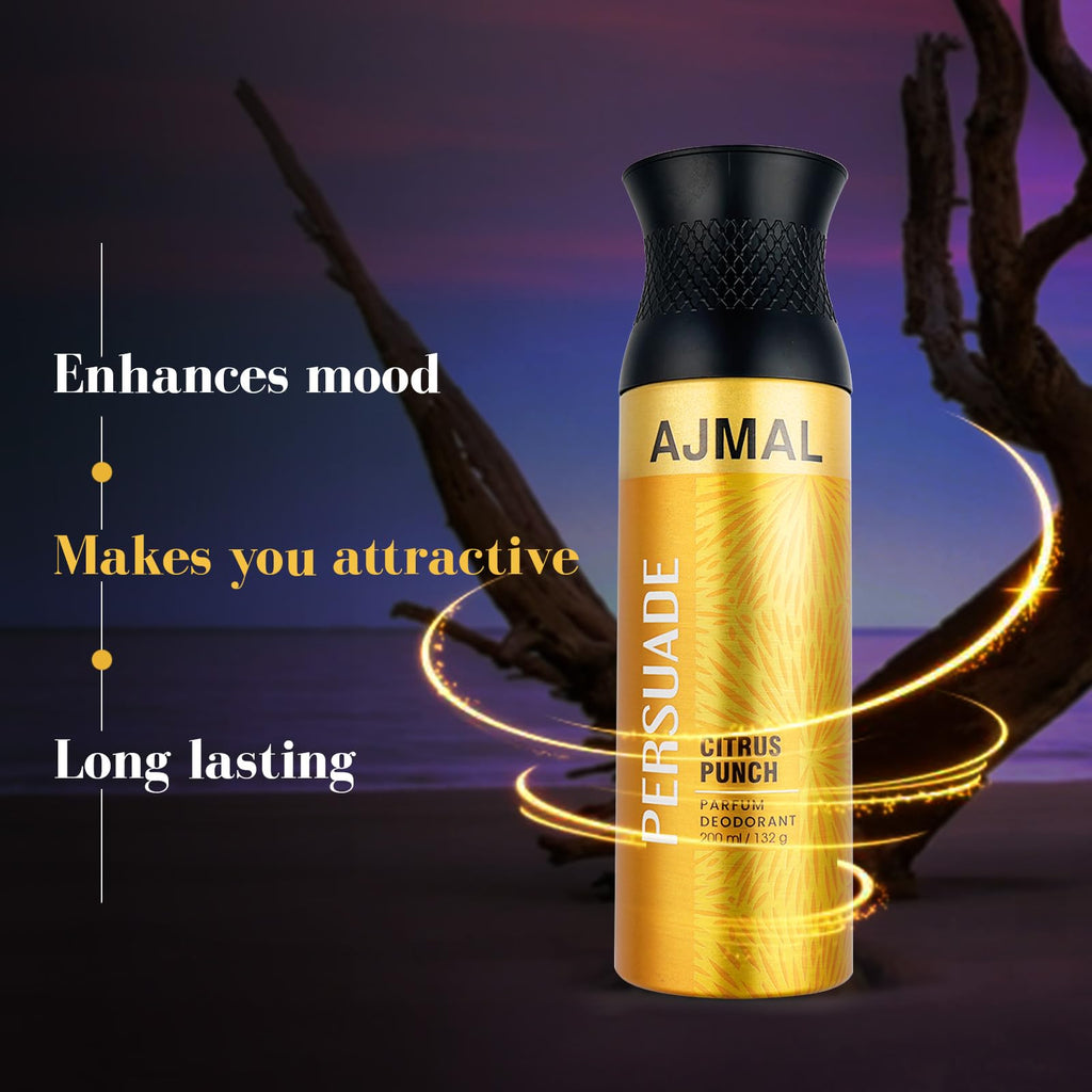Déodorant spray AJMAL Persuade, parfum aromatique, 200 ml, pour homme et femme, usage quotidien + 2 testeurs de parfum offerts, lot de 1