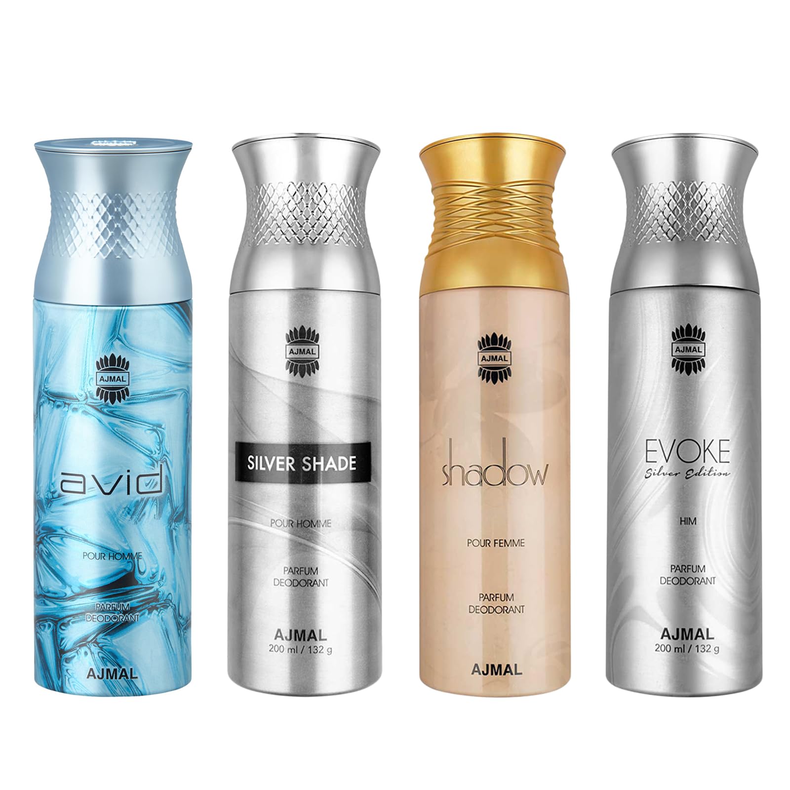 Ajmal AVID Pour Homme, Silver Shade, Shadow, and Evoke Silver Edition Him Deodorant Perfume 200ML Each - Pack of 4 for Men