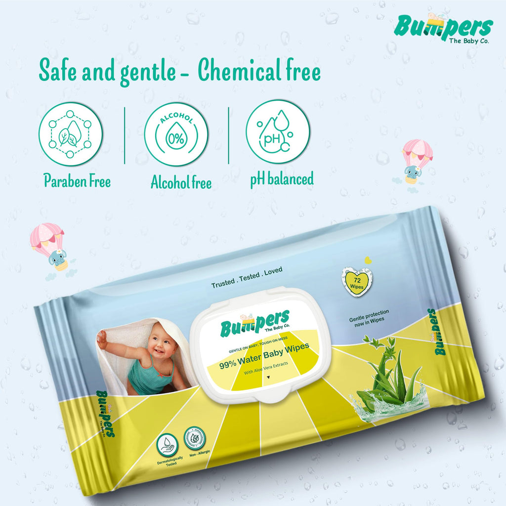 "Bumpers Moisturising 99% Water Baby Wipes with Lid, Aloe Vera & Vitamin E | Extra Thick & Moist | Alcohol & Paraben free | pH balanced & Hypoallergenic | 72 Counts/Pack (Set of 6) (432 Wipes)