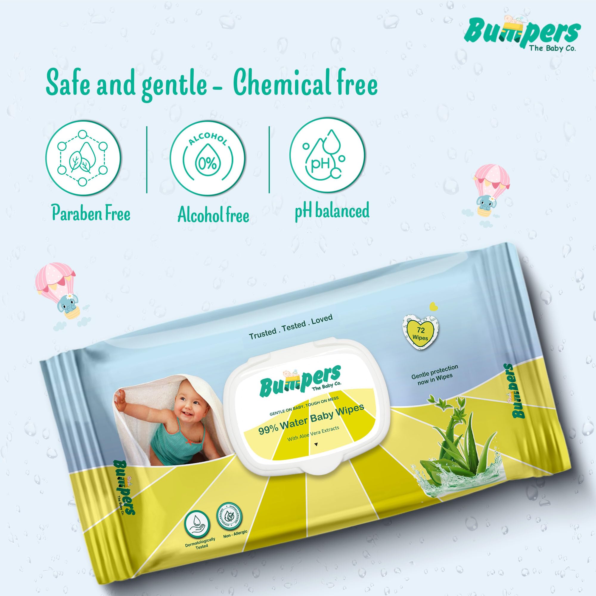 "Bumpers Moisturising 99% Water Baby Wipes with Lid, Aloe Vera & Vitamin E | Extra Thick & Moist | Alcohol & Paraben free | pH balanced & Hypoallergenic | 72 Counts/Pack (Set of 6) (432 Wipes)