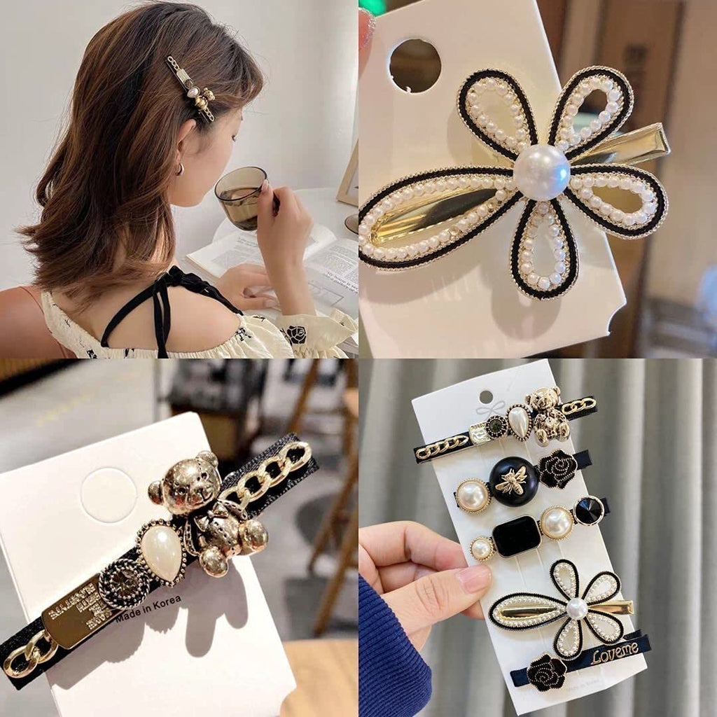 ANNACREATIONS 5 Pcs Premium Korean Stylish Hair Clips Set for Women and Girls, Elegant Pearl and Black Gold Decorative Hairpins, Fashion Barrette Hair Accessories