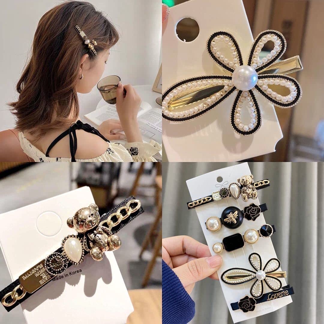 ANNACREATIONS 5 Pcs Premium Korean Stylish Hair Clips Set for Women and Girls, Elegant Pearl and Black Gold Decorative Hairpins, Fashion Barrette Hair Accessories