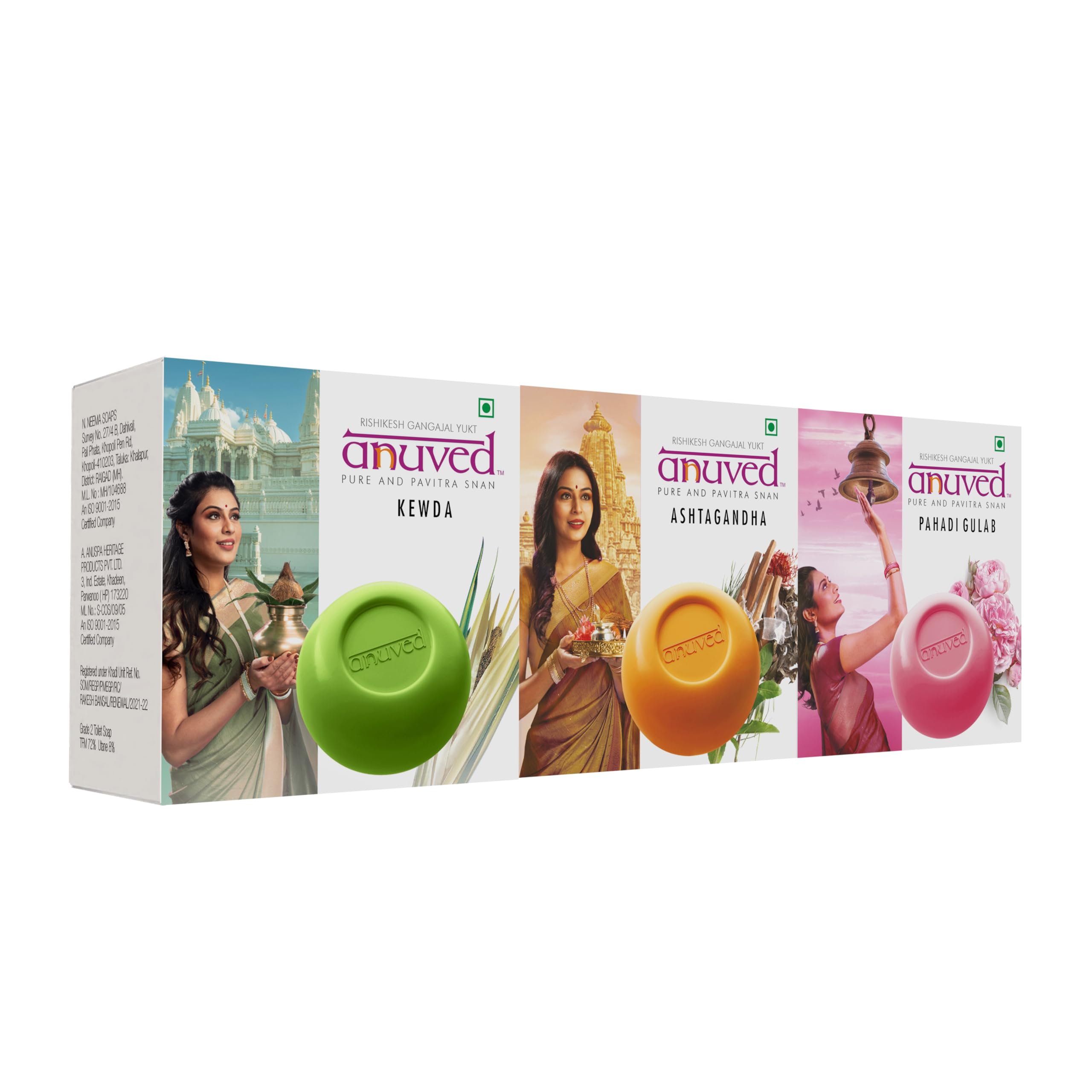 Anuved Fragrance Combo | Pack of 3 | 125 Grams Each | Herbal Soaps Kewda, Astagandha, Pahadi Gulab for Refreshing & Revitalizing, Paraben Free, Cruelty Free