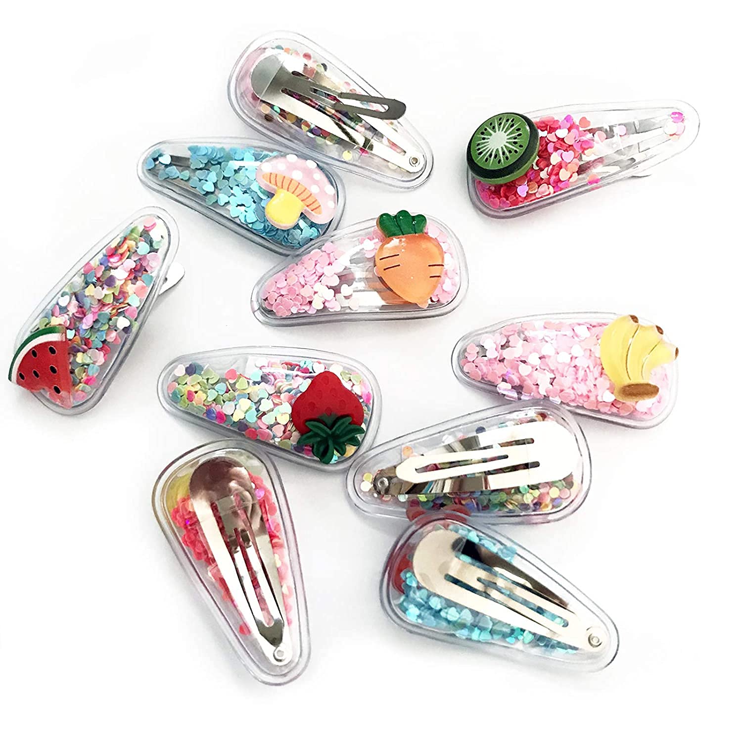 ANNACREATIONS 10 Pcs Plastic Metal Sequins Transparent Hair Clips For Girls Glitter Snap Hair Clips Toddler Hairclips Fruit Cartoon Animal Hairclip Hair Accessories Multicolor