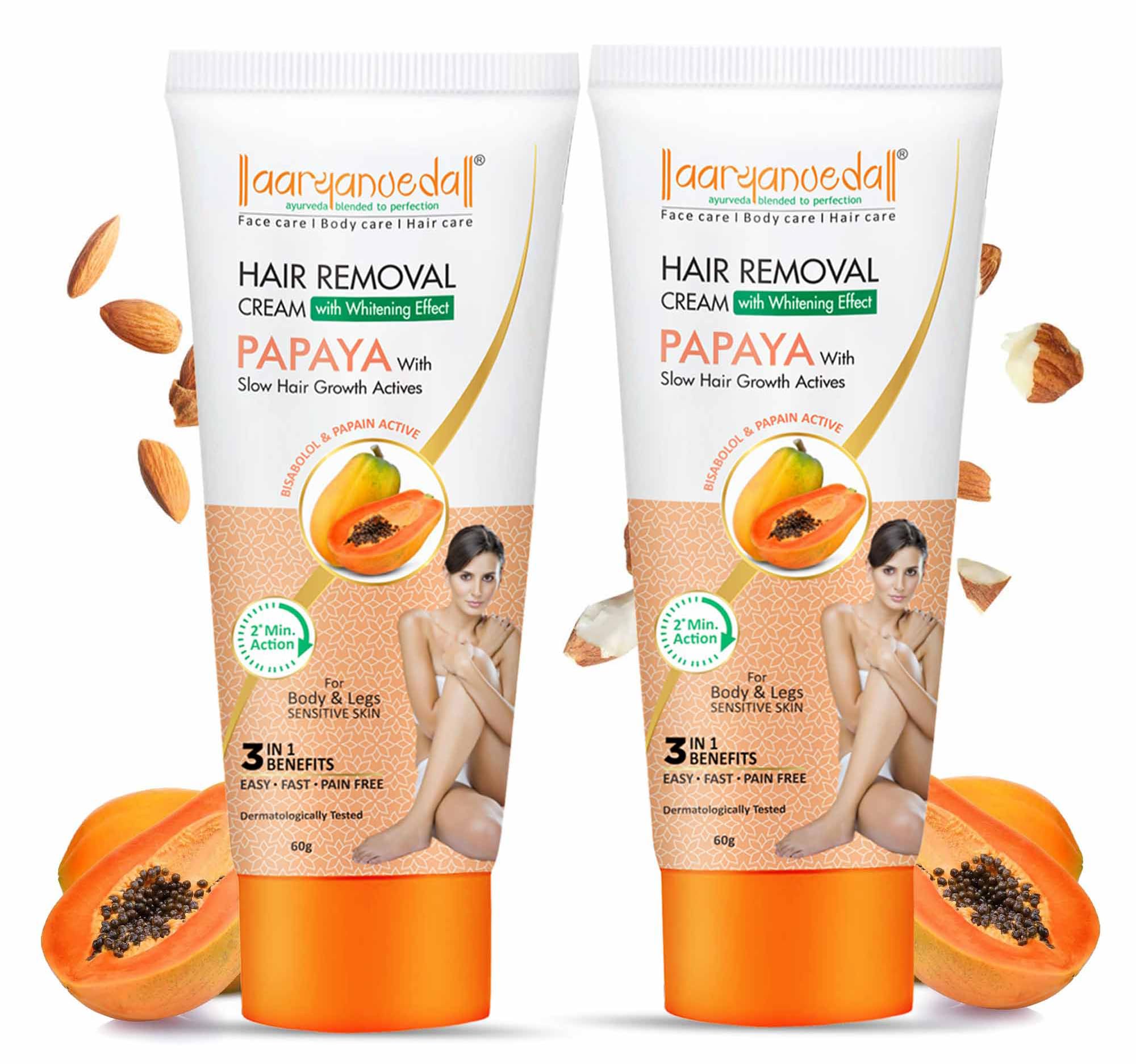 Aaryanveda Papaya Hair Removal Cream | 2-Minute Action, Whitening Effect, Active Smooth Formula, Painless & Gentle Hair Remover for Men & Women (120 g, Set of 2)