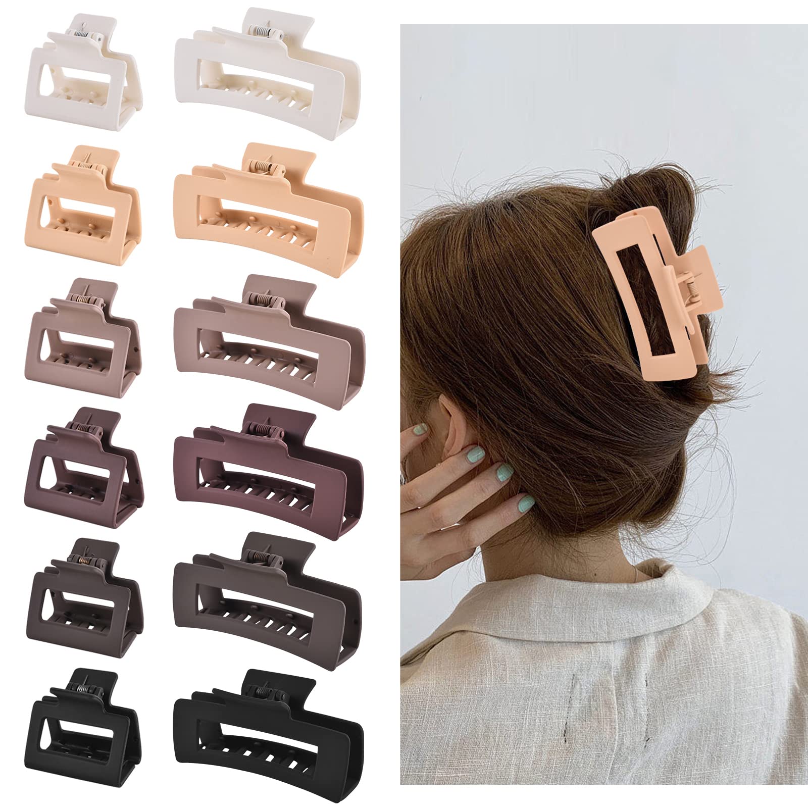 12 Pcs Rectangle Hair Clips, Hair Accessories for Women and Girls, Including 6 Pcs 4 Inch Large Claw Clips for ThickHair and 6 Pcs 2 inch Small Claw Clips for ThinHair (Neutral)