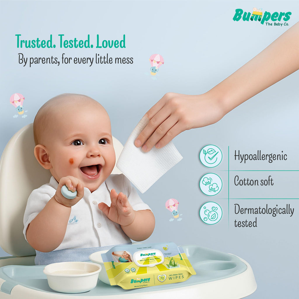 "Bumpers Moisturising 99% Water Baby Wipes with Lid, Aloe Vera & Vitamin E | Extra Thick & Moist | Alcohol & Paraben free | pH balanced & Hypoallergenic | 72 Counts/Pack (Set of 6) (432 Wipes)