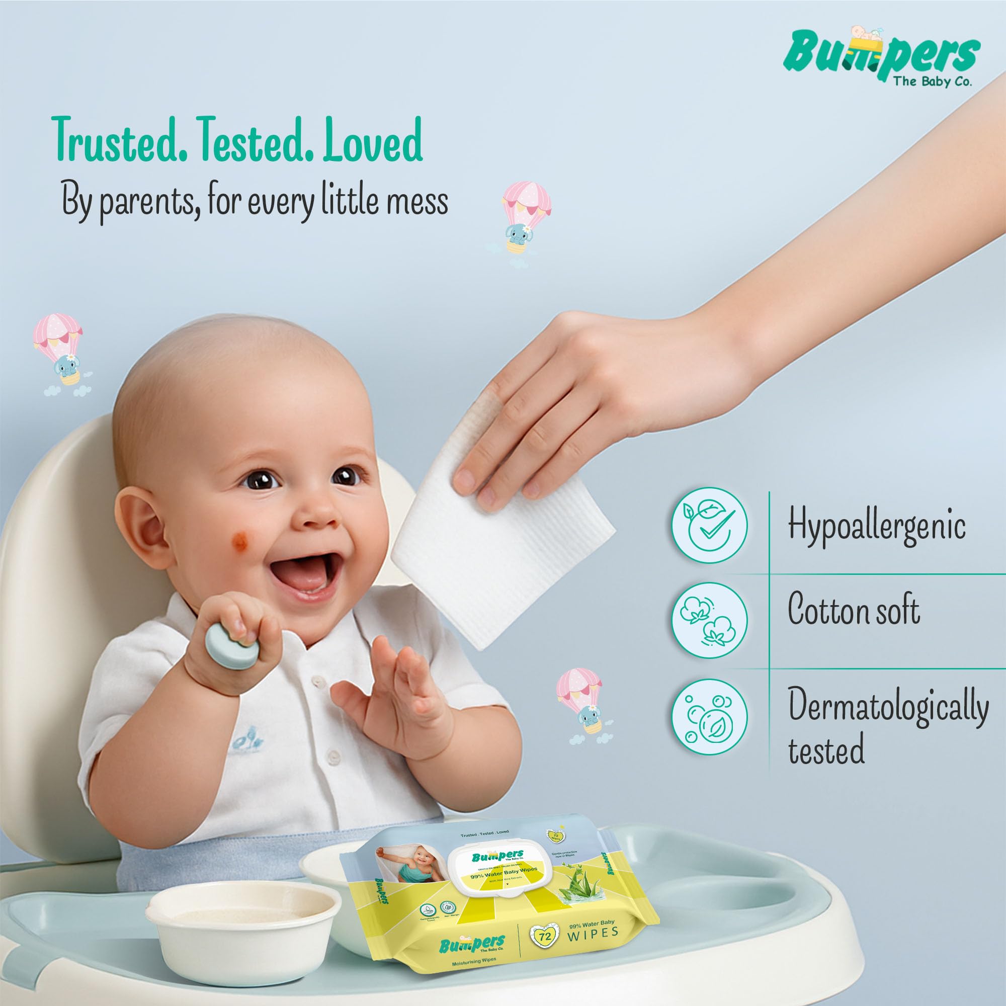 "Bumpers Moisturising 99% Water Baby Wipes with Lid, Aloe Vera & Vitamin E | Extra Thick & Moist | Alcohol & Paraben free | pH balanced & Hypoallergenic | 72 Counts/Pack (Set of 6) (432 Wipes)