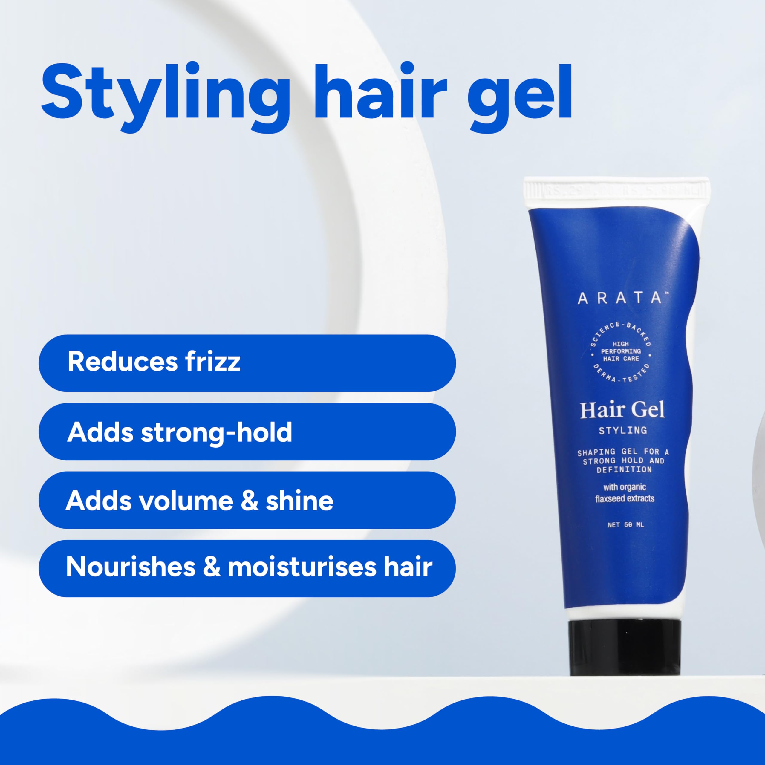 Arata Hair Styling Gel | For Strong Hold & Sleek Smooth Finish | Non-Greasy | Controls Frizz | Derma Tested | SLS, Paraben & Alcohol-Free Formula | For Men & Women 50ml