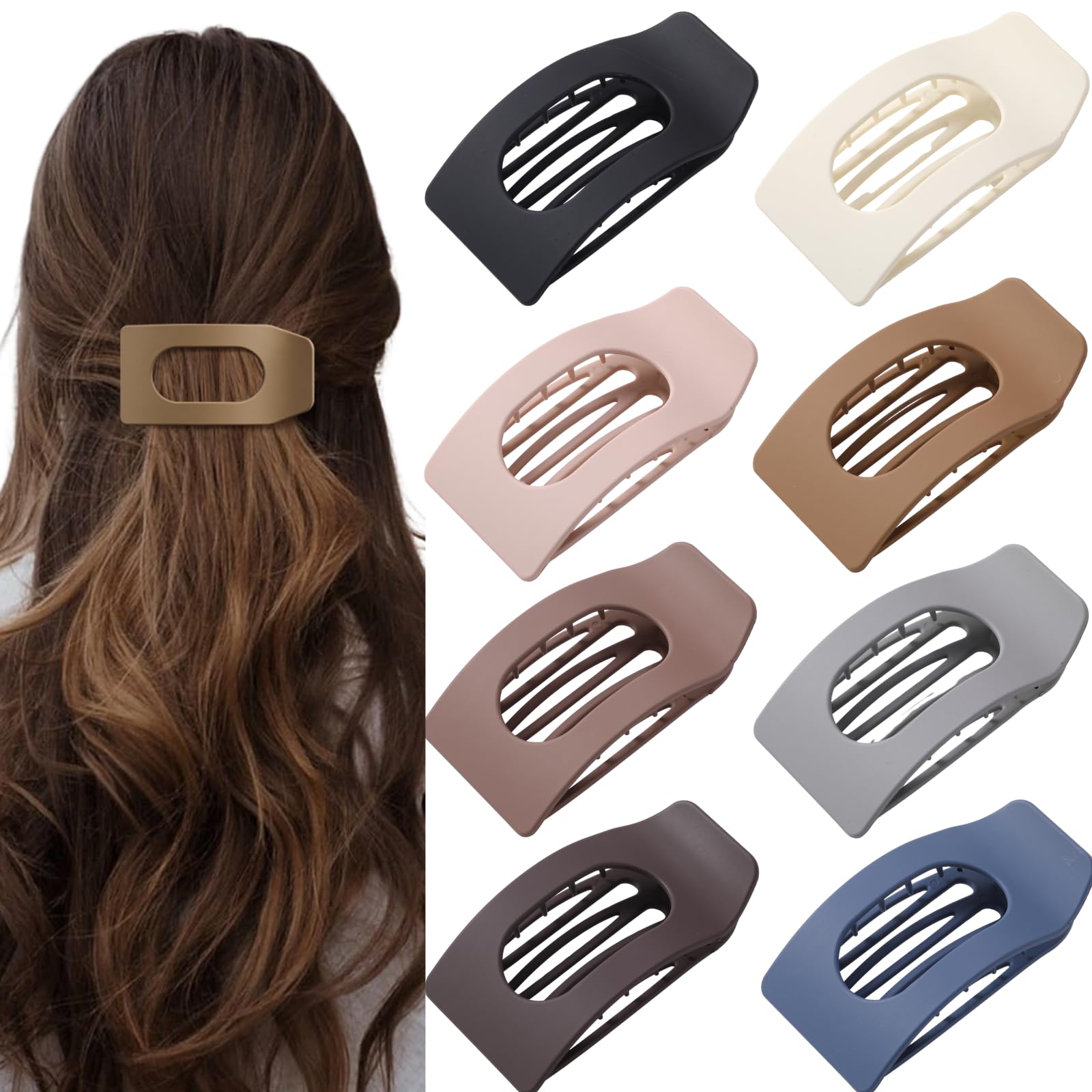 8 Pack Flat Hair Clips for Women – Large Matte Rectangle No-Slip Claw Clips, Strong Hold Square Hair Accessories for Thick & Thin Hair, Lay Flat Design for Work & Daily Styling