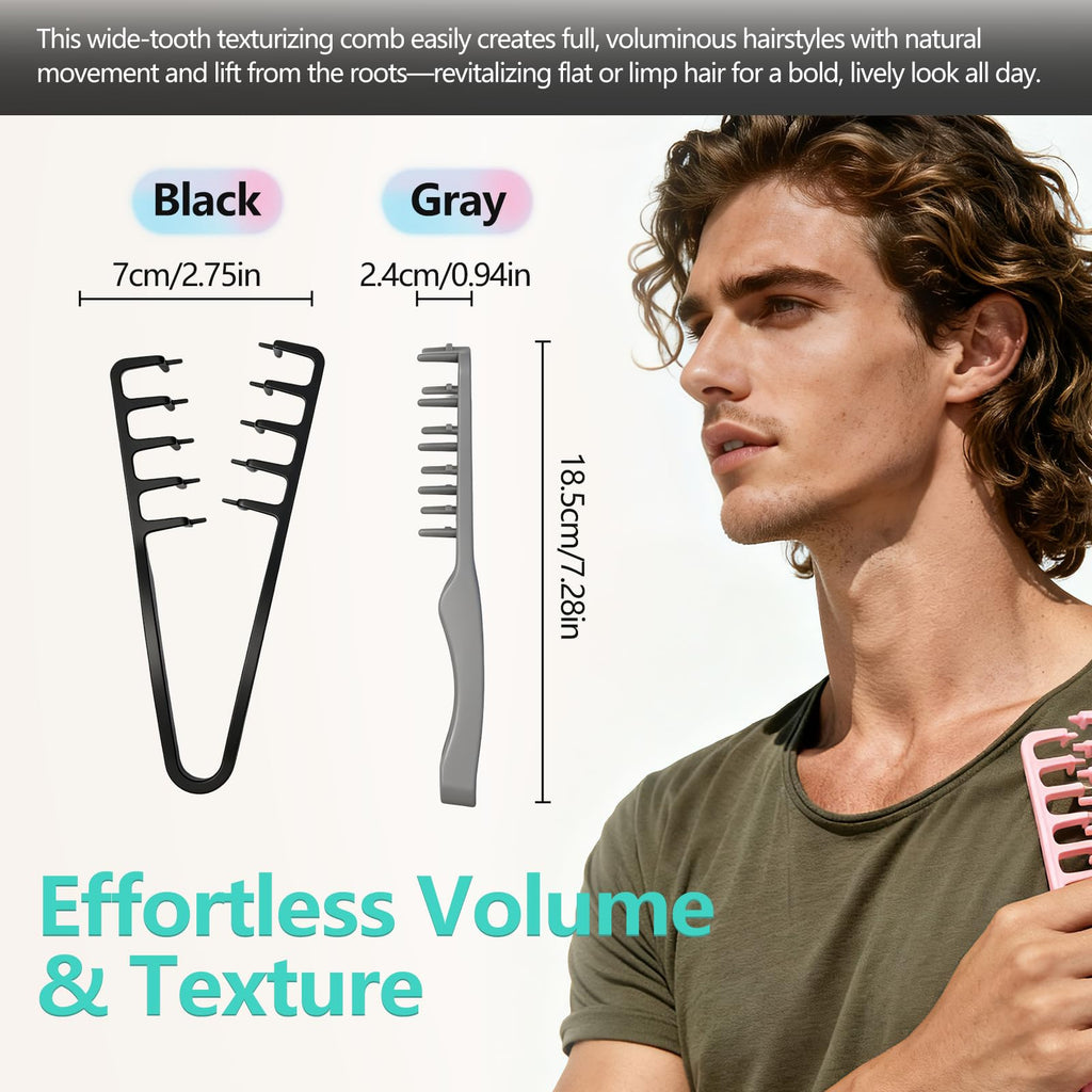 2 Pcs Texture Comb, Voluminous Wide-Toothed Hair Comb, Apparatus Maximum Lift Roots Volume Tool, Barber Wide Fine-Toothed Dual-Purpose Set, ABS Plastic with Textured Grip Tool for Men (Black+Grey)