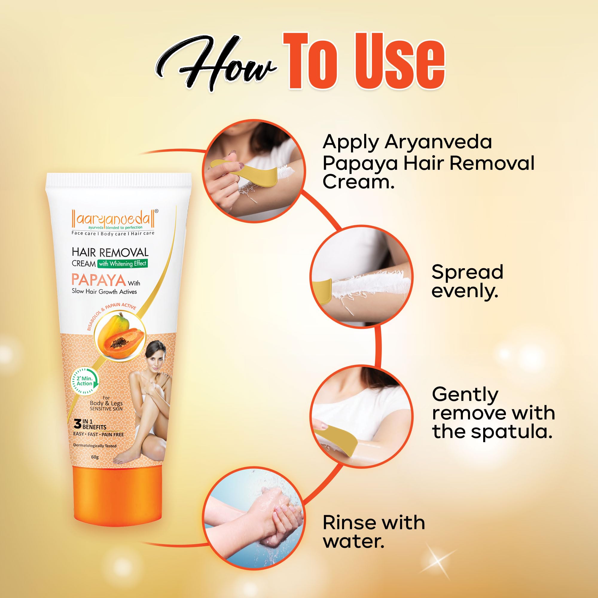 Aaryanveda Papaya Hair Removal Cream | 2-Minute Action, Whitening Effect, Active Smooth Formula, Painless & Gentle Hair Remover for Men & Women (120 g, Set of 2)