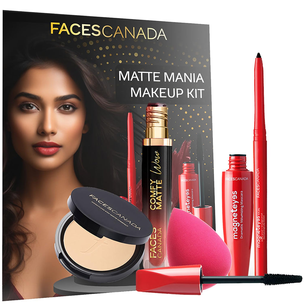 FACES CANADA Matte Mania Makeup Kit - Kajal (0.35g) + Lipstick (3.8ml) + Compact (9g) + Mascara (9.5ml) + Beauty Blender | Pack of 5 | Makeup Kit For Women