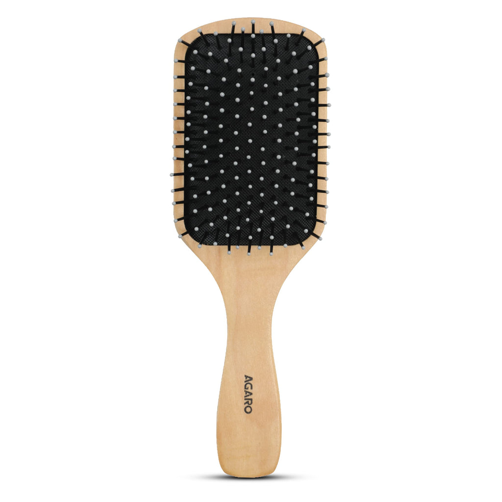 AGARO Wooden Paddle Hair Brush with Strong & flexible nylon bristles having Anti static ball tips, For Grooming, Straightening, Smoothing, Detangling Hair, ideal for Men, Women & Kids.