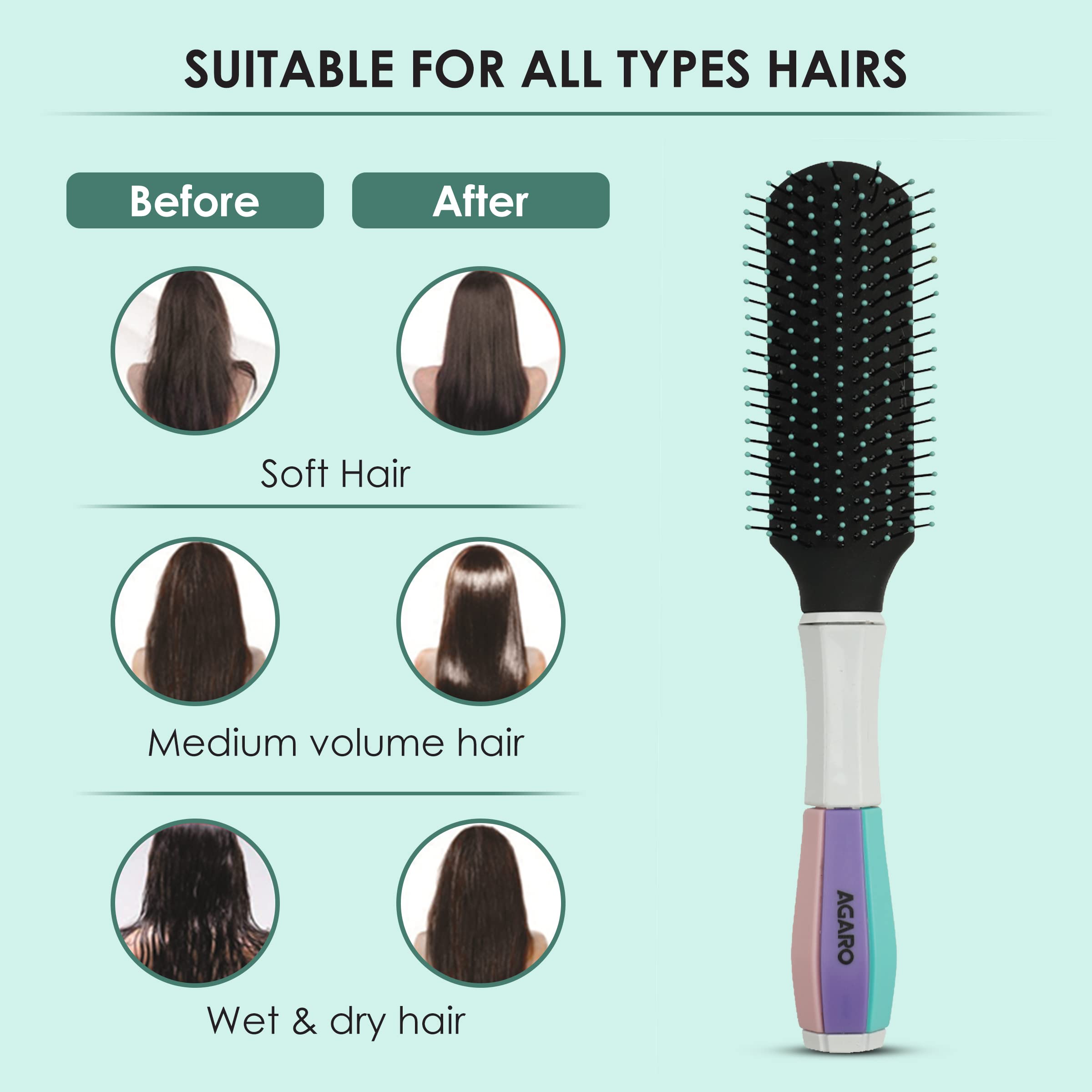AGARO Classic Flat Hair Brush with Strong & flexible nylon bristles, having Anti-static ball tips, For Grooming, Volumising & Back Brushing, ideal for Men & Women, Cyan