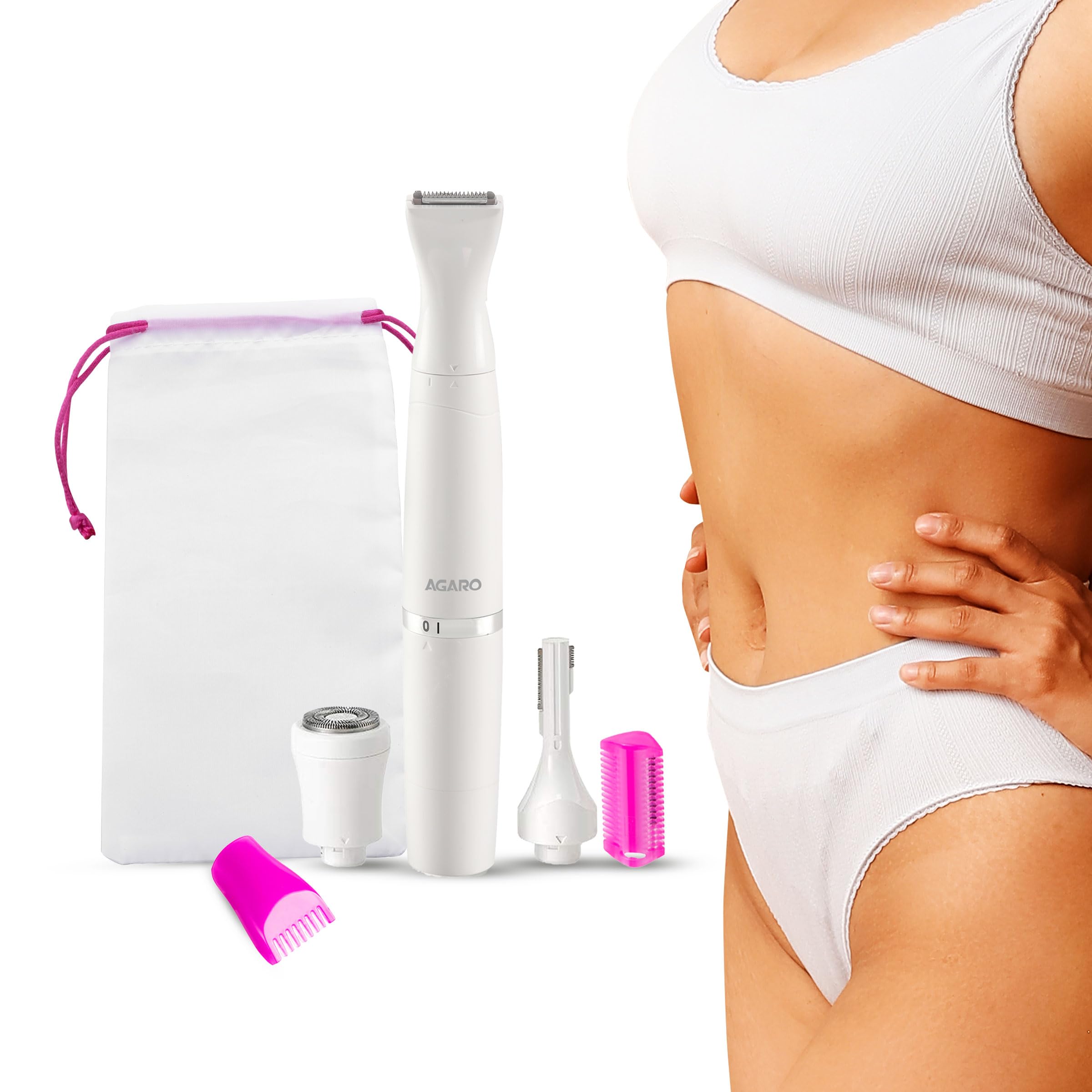 AGARO Rechargeable 3-in-1 Multi Trimmer For Women, Multipurpose Hair Remover for Women, Face, Leg, Eyebrow, Underarms, Bikini Trimmer, 90 minutes Runtime, White