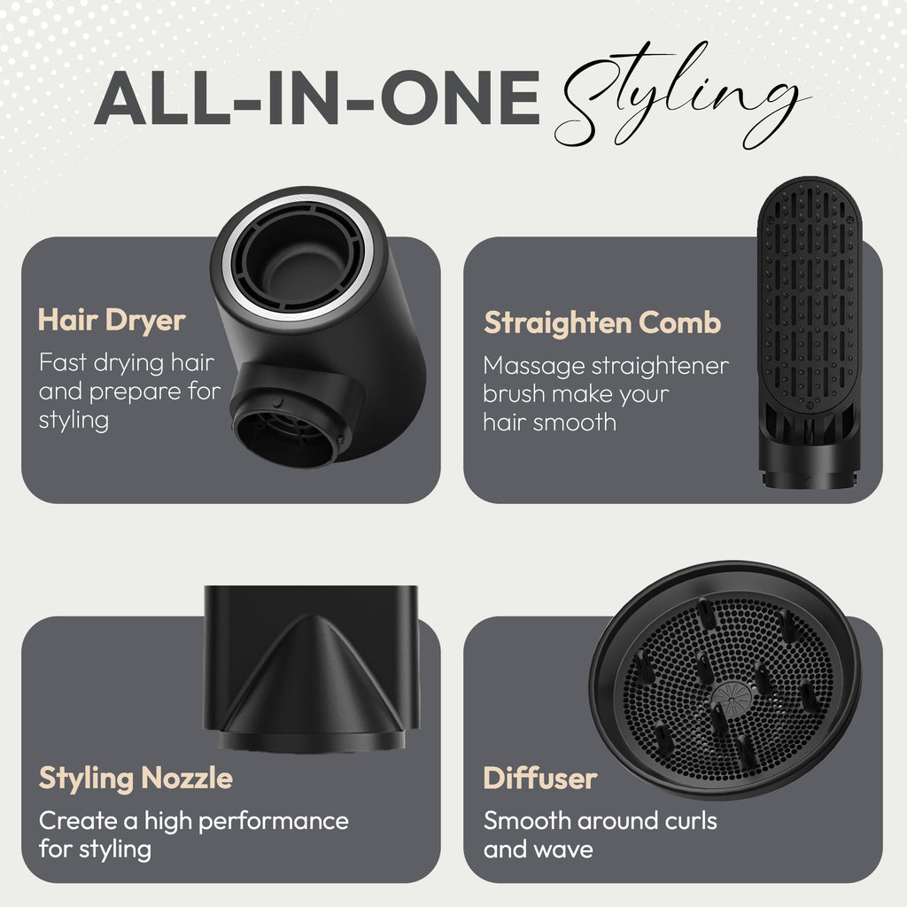 8 in 1 Hair Styler, Hair Styling Tools with 3 Heat Settings, Detachable Blow Dryer, Hot Air Curler Multi Styler Brush Set, Brush Curling Wrap Straight Curl Dry Volumiz Smooth – Black & Gold