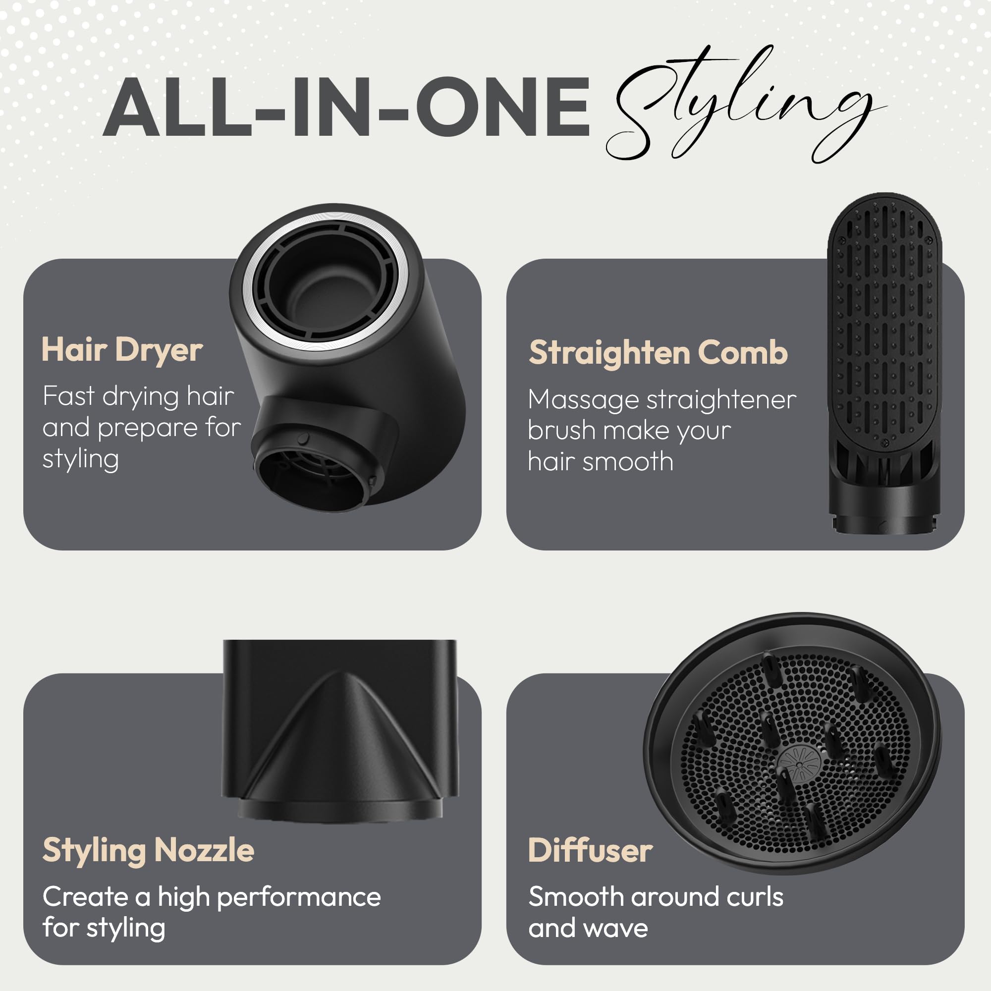 8 in 1 Hair Styler, Hair Styling Tools with 3 Heat Settings, Detachable Blow Dryer, Hot Air Curler Multi Styler Brush Set, Brush Curling Wrap Straight Curl Dry Volumiz Smooth – Black & Gold