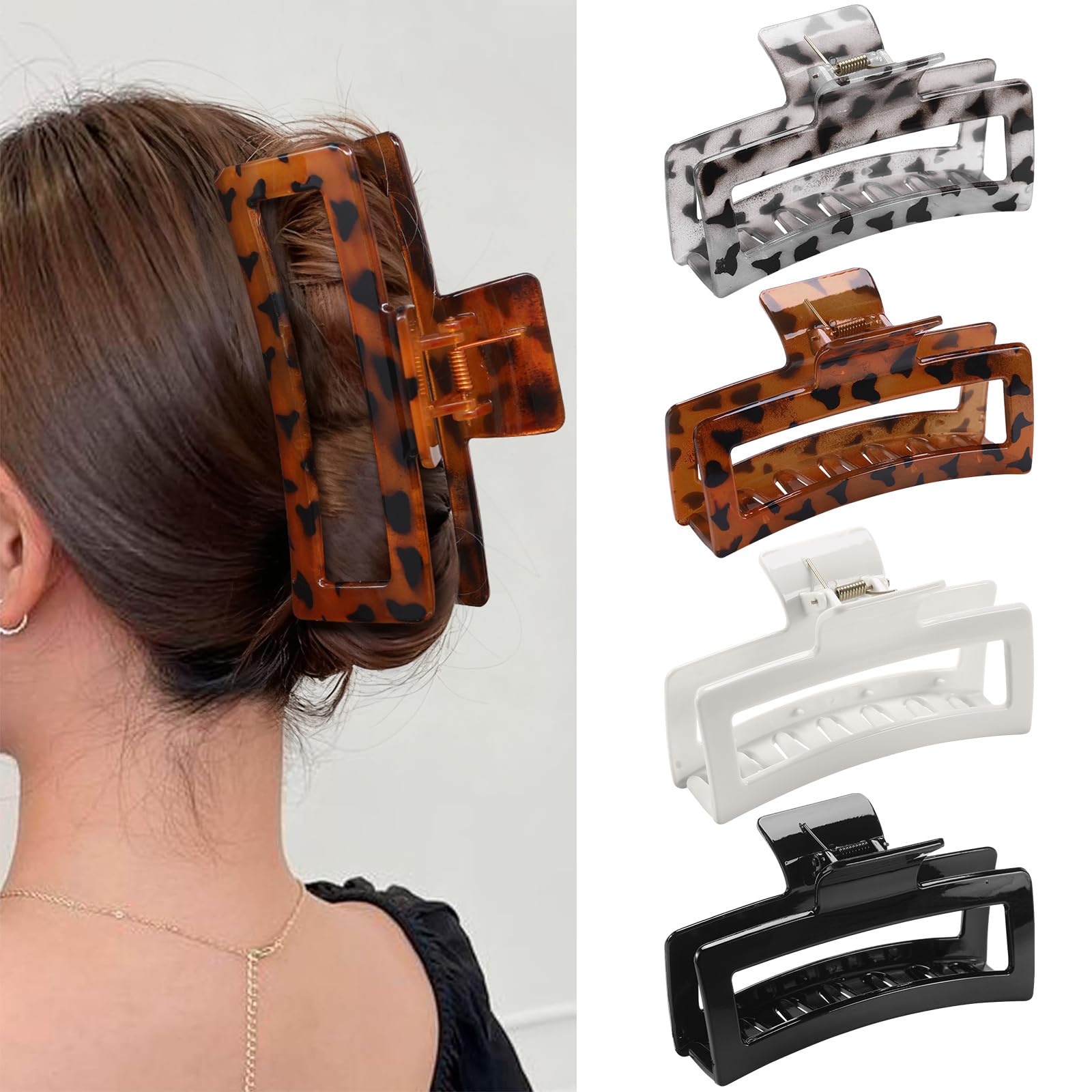 5 Inche Extra Large Claw Clips for Thick Hair, 4 Pack Xl Leopard and Glossy Claw Clips, Jumbo Non-Slip Rectangle Hair Clips for Women, Strong Hold Jaw Clips for Long Hair