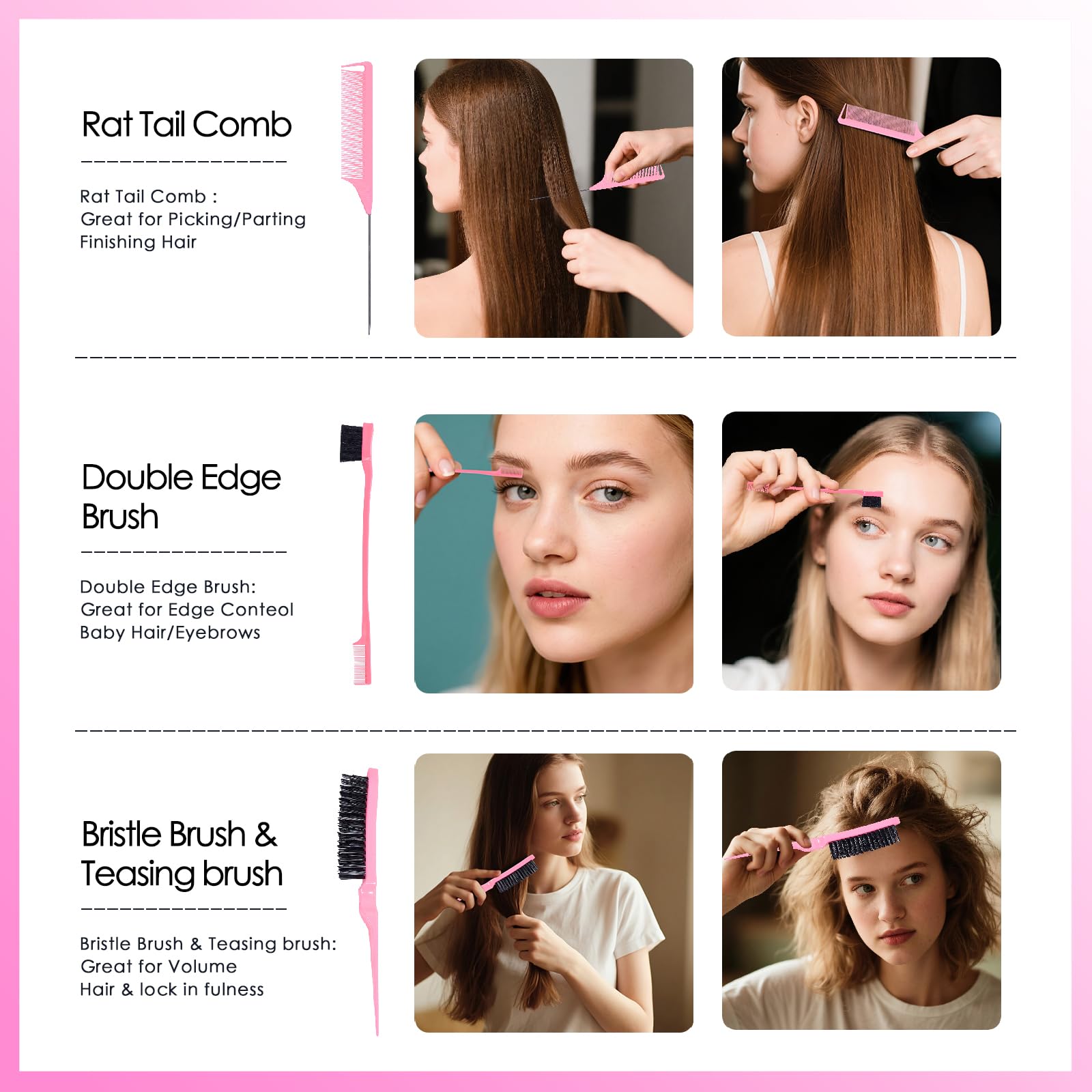 11 Pcs Hair Brush Set, Detangle Hair Brush And Spray Bottle, 3 Pieces Smooth Hairbrush For Toddlers, Suitable For Wet and Dry Hairstyles, Suitable For Adults And Children. (Pink)