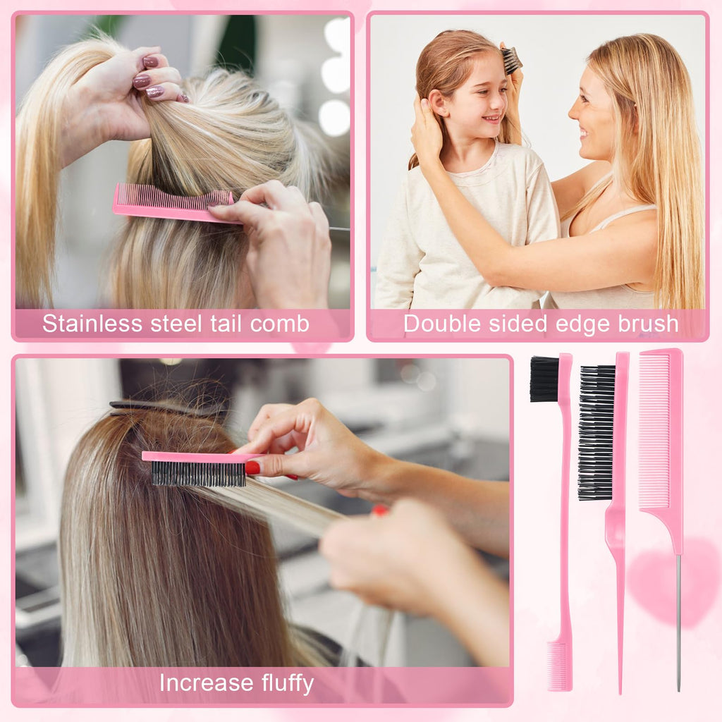 15 Pcs Slick Back Hair Brush Set, Bristle Hair Brush with Spray Bottle,Hair Clip,Edge Brush for Women, Men(Pink)