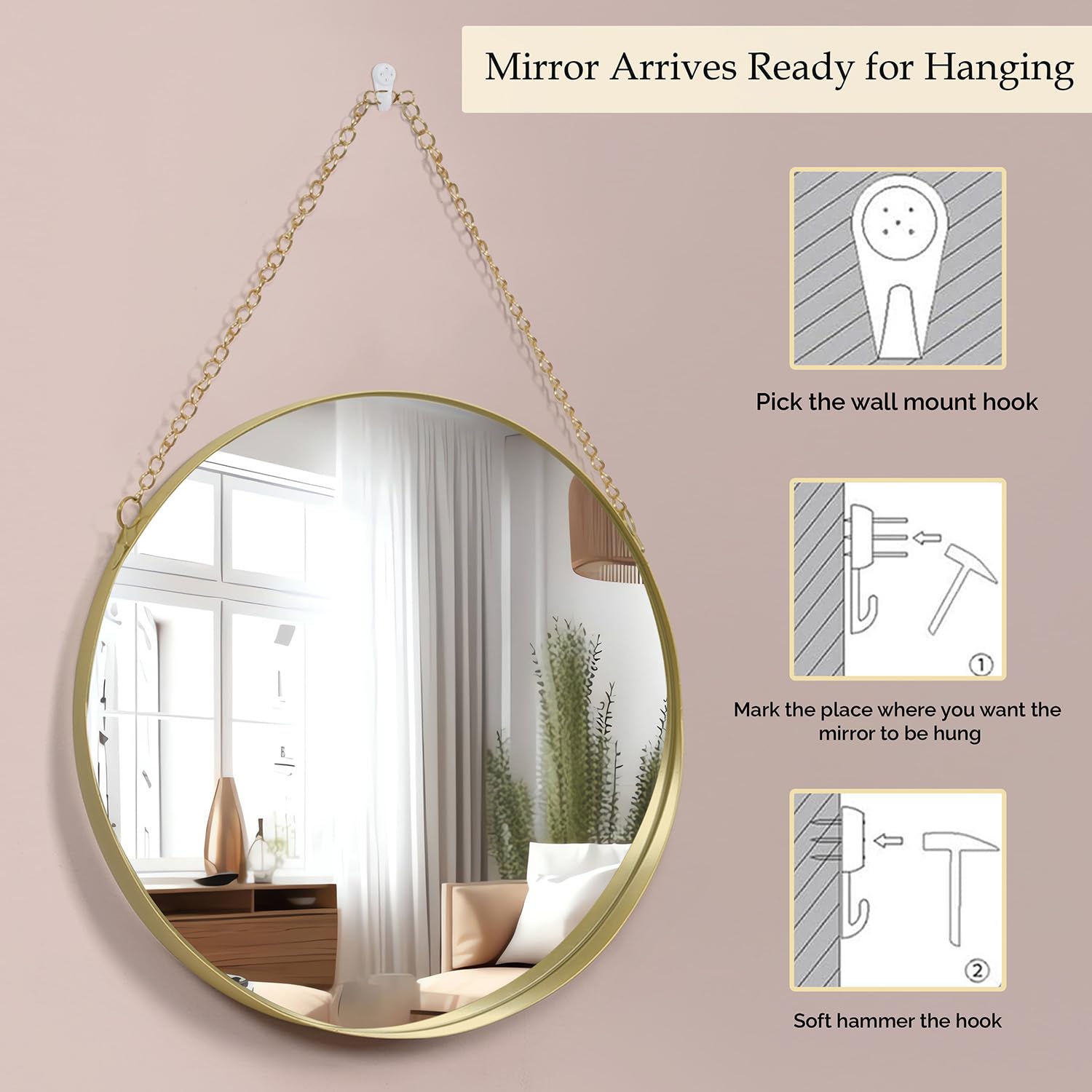 ABOUT SPACE 12 Inch Wall Hanging Mirror with Chain-Gold Round Wall Mirror for Living Room, Bedroom, Bathroom,Entryway Aesthetic Room Decor Circle Mirror with Metal Frame (Golden - W 30 x H 45 cm)