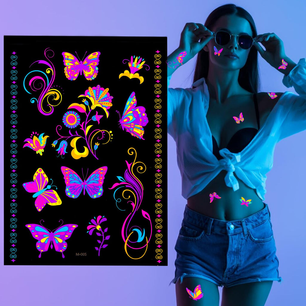 20sheets Butterfly UV Reactive Glow temporary tattoos, Neon UV Blacklight Reactive Cute Tattoos Stickers, Flower Waterproof Party Supplies Decoration, Party Favors, Gift