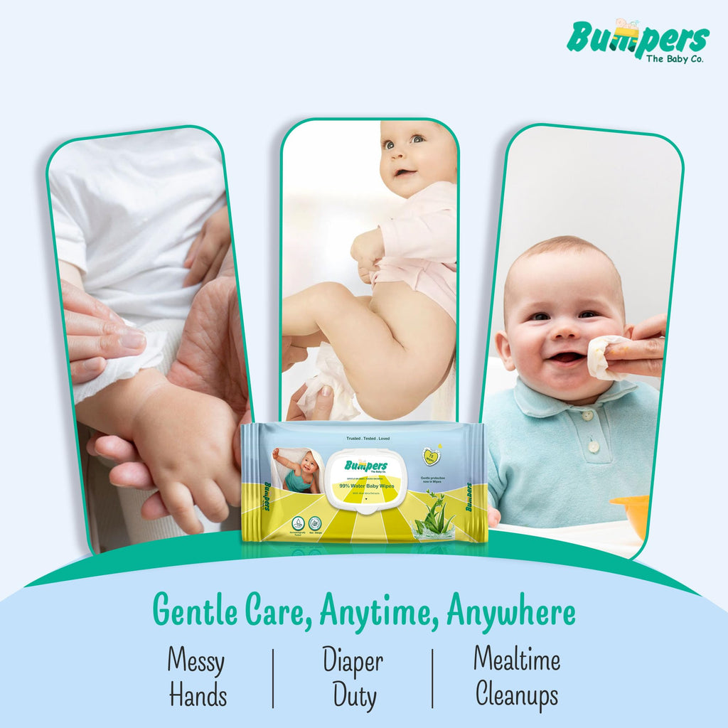 "Bumpers Moisturising 99% Water Baby Wipes with Lid, Aloe Vera & Vitamin E | Extra Thick & Moist | Alcohol & Paraben free | pH balanced & Hypoallergenic | 72 Counts/Pack (Set of 6) (432 Wipes)