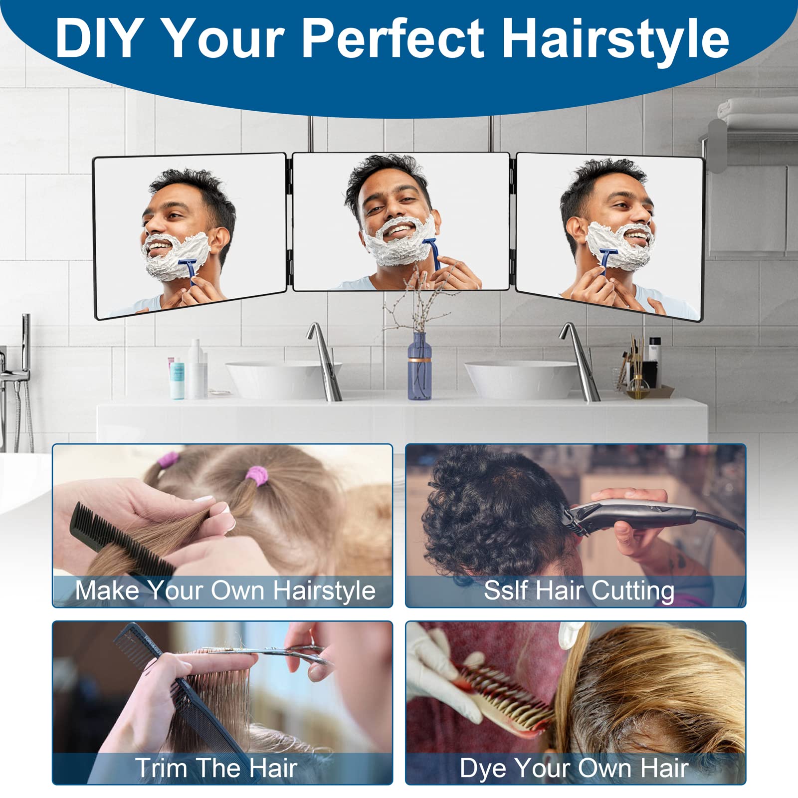 3 Way Mirror for Self Hair Cutting System,360 Haircuts Mirror Men for Barber to Use Tools ,to See The Back of Head ,with Portable Height Adjustable Telescoping Hooks Tri Fold Mirror